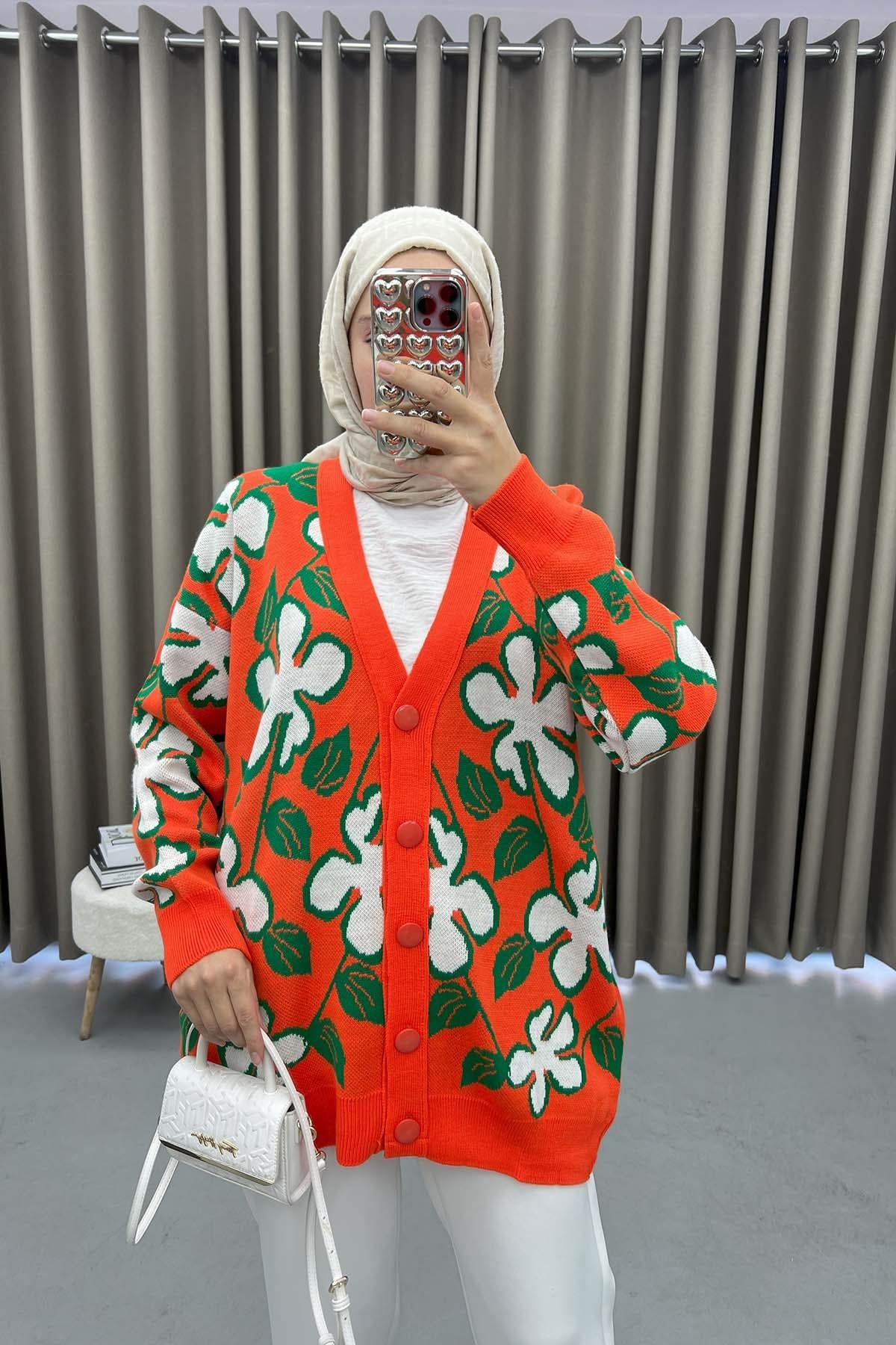 Yaprak Desenli Hırka Turuncu