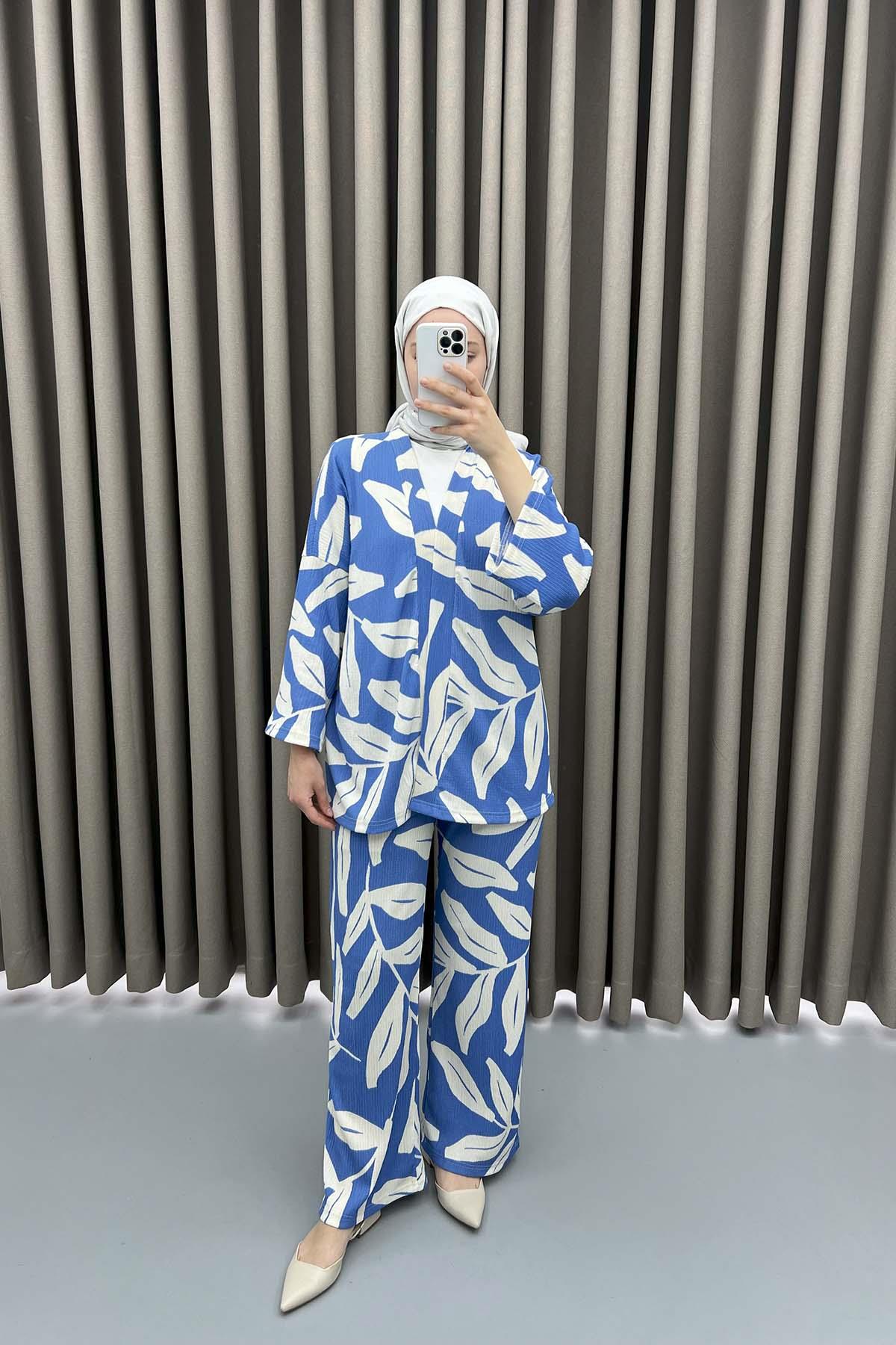 Yaprak Desenli Kimono Takım Mavi