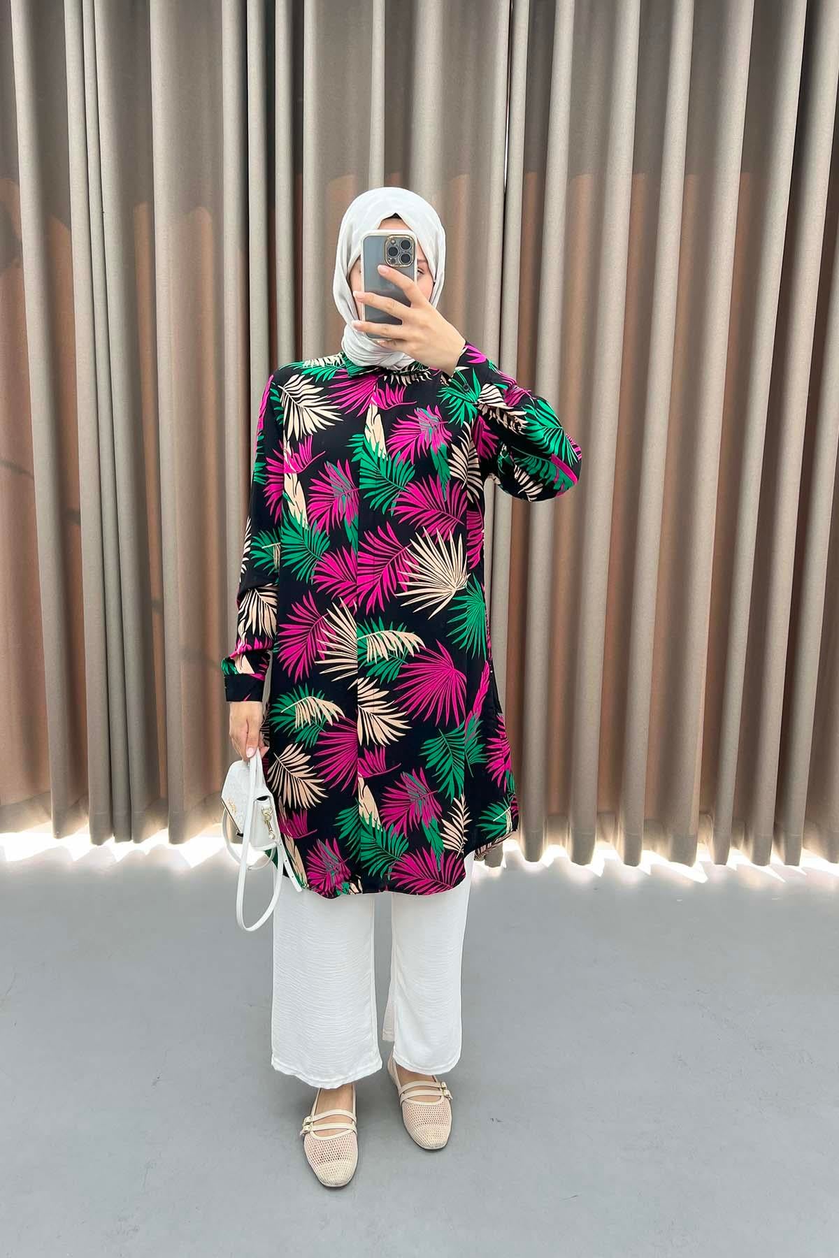 Yaprak Desenli Tunik Siyah