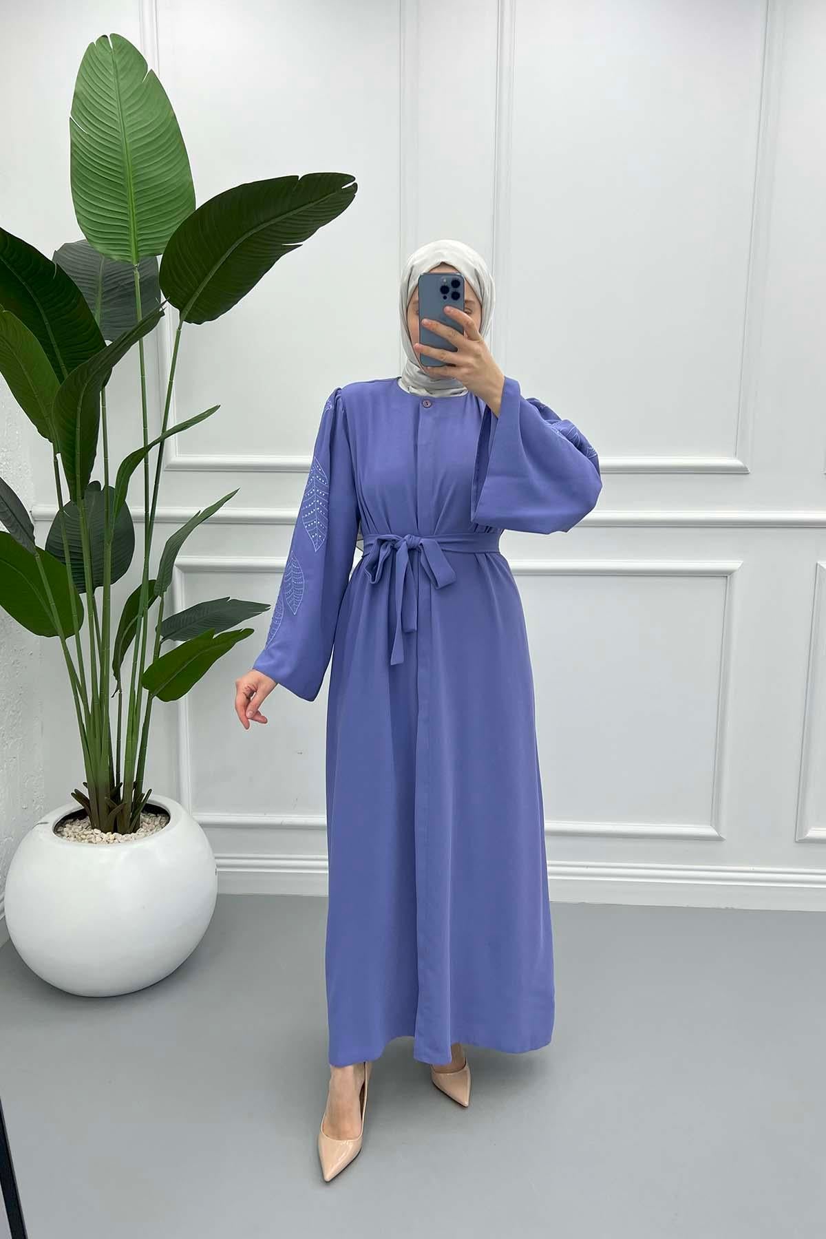 Yaprak Nakışlı Abaya Lila