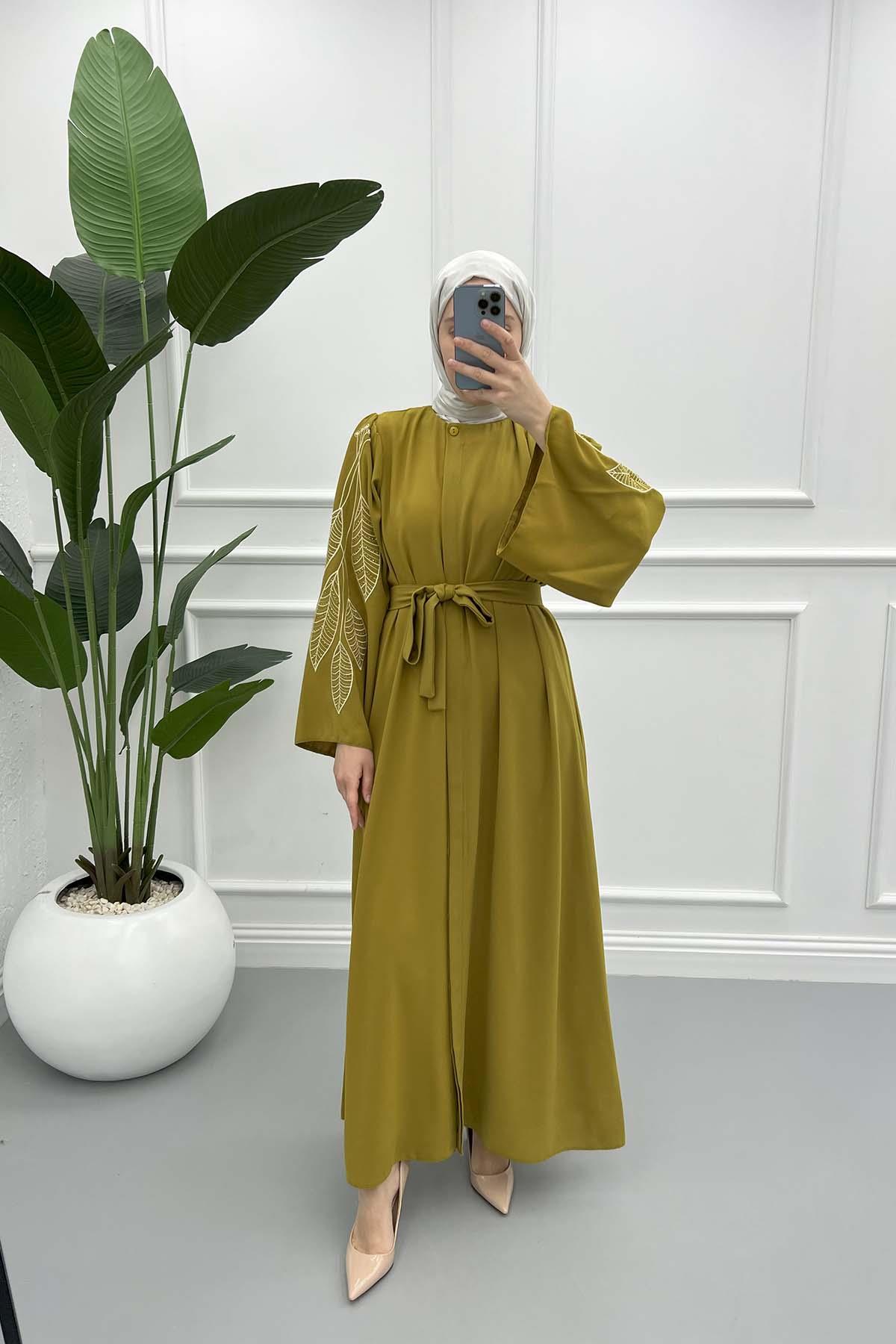 Yaprak Nakışlı Abaya Yağ Yeşili