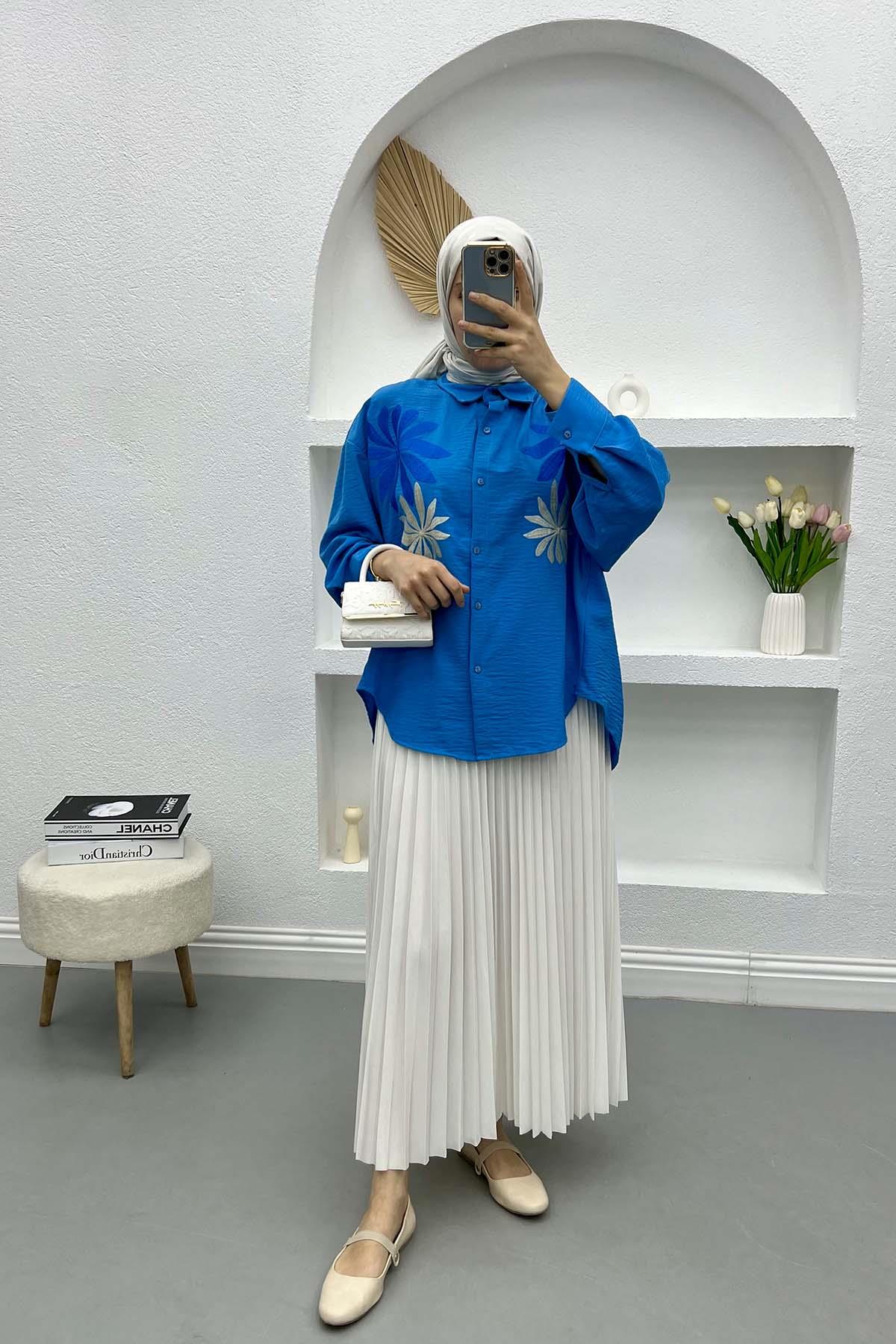 Yaprak Nakışlı Oversize Gömlek Mavi