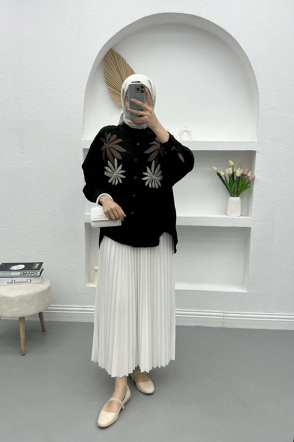 Yaprak Nakışlı Oversize Gömlek Siyah