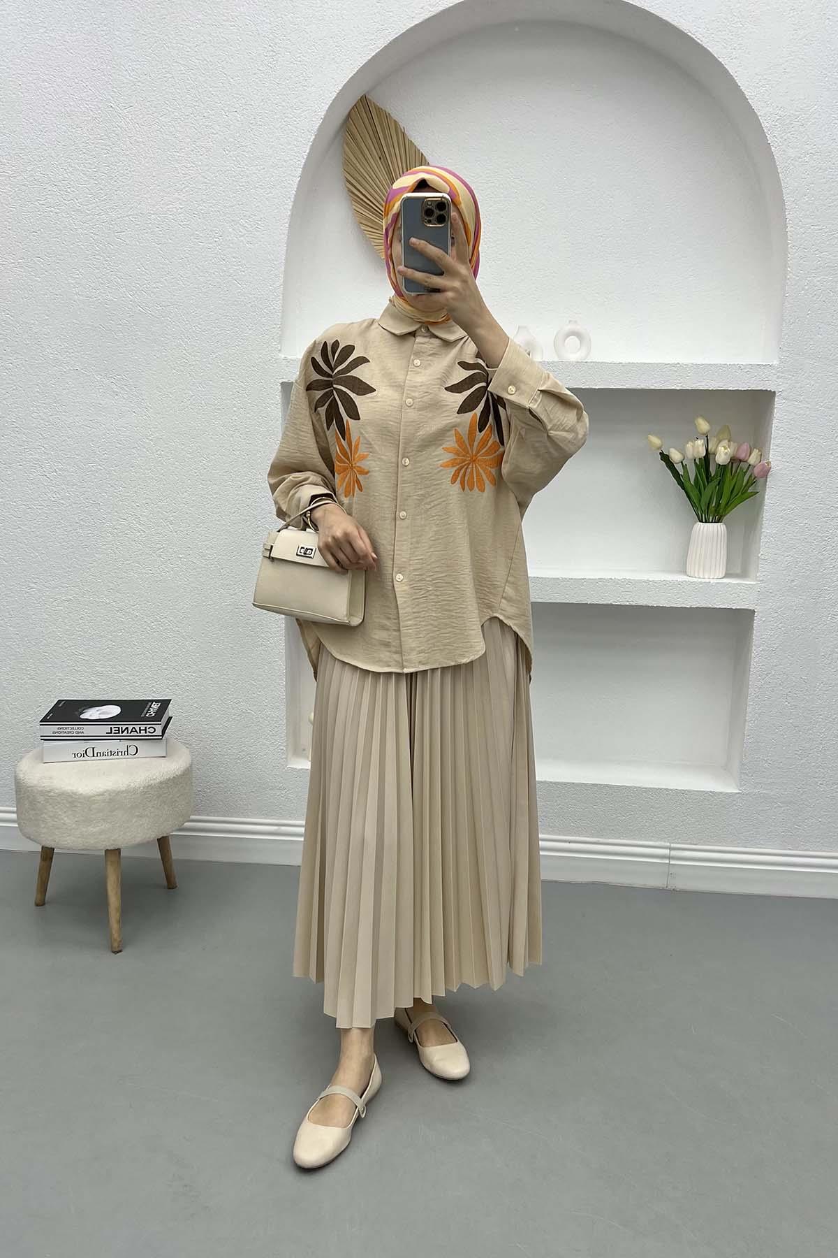 Yaprak Nakışlı Oversize Gömlek Taş