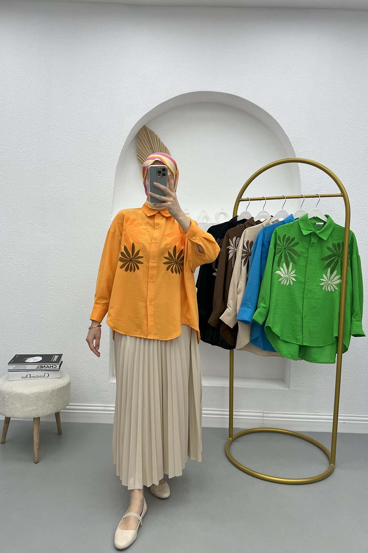 Yaprak Nakışlı Oversize Gömlek Turuncu
