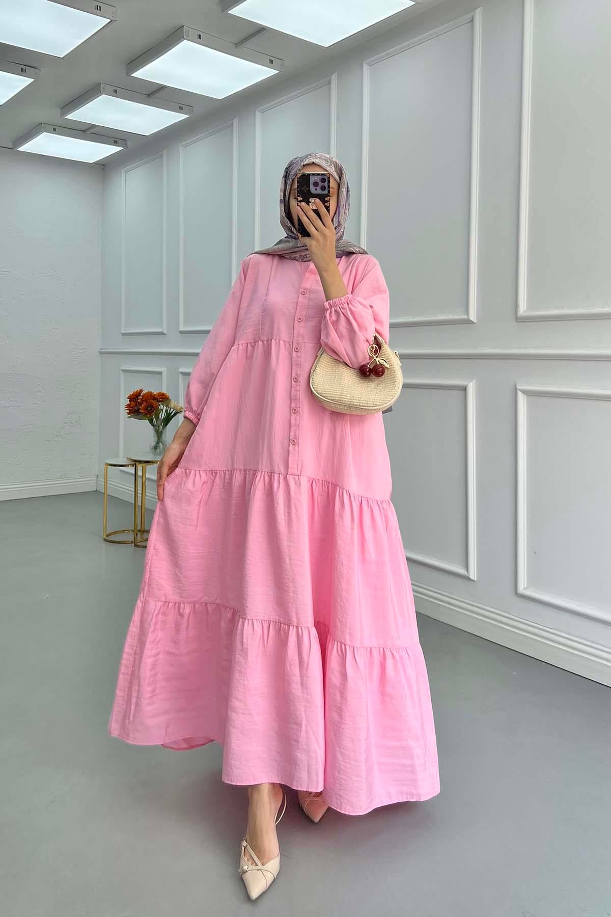 Yarım Düğme Paraşüt Elbise Pembe