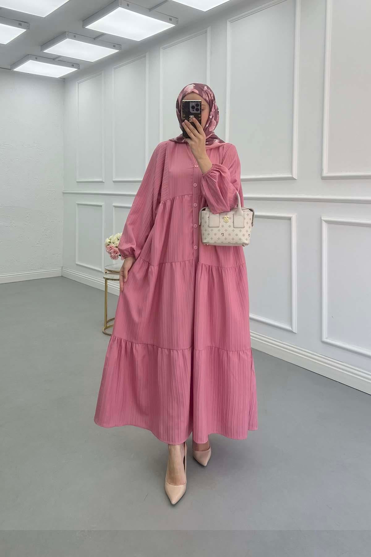 Yarım Düğme Patlı Elbise Pembe