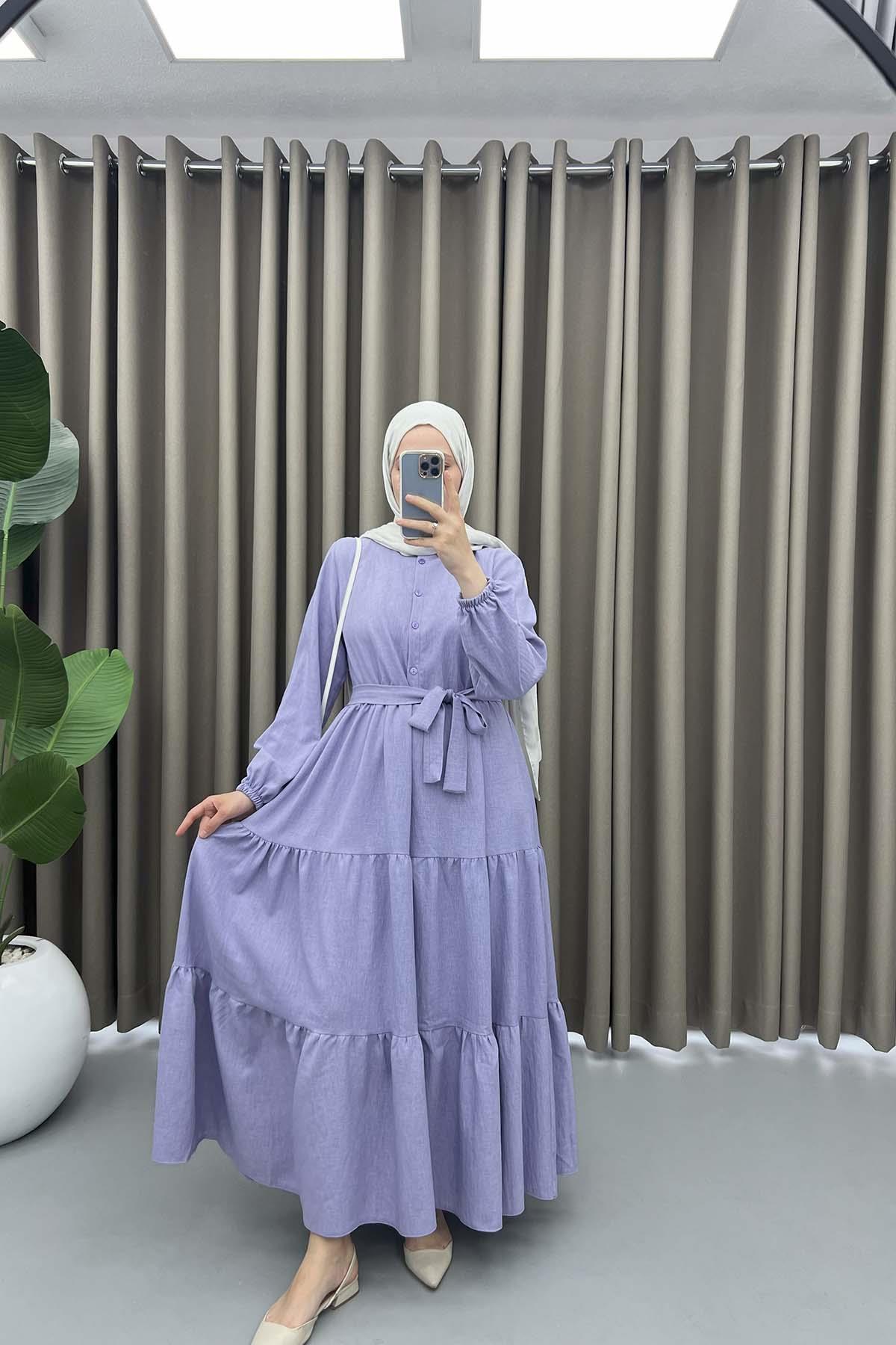 Yarım Düğmeli Bağlamalı Elbise Lila