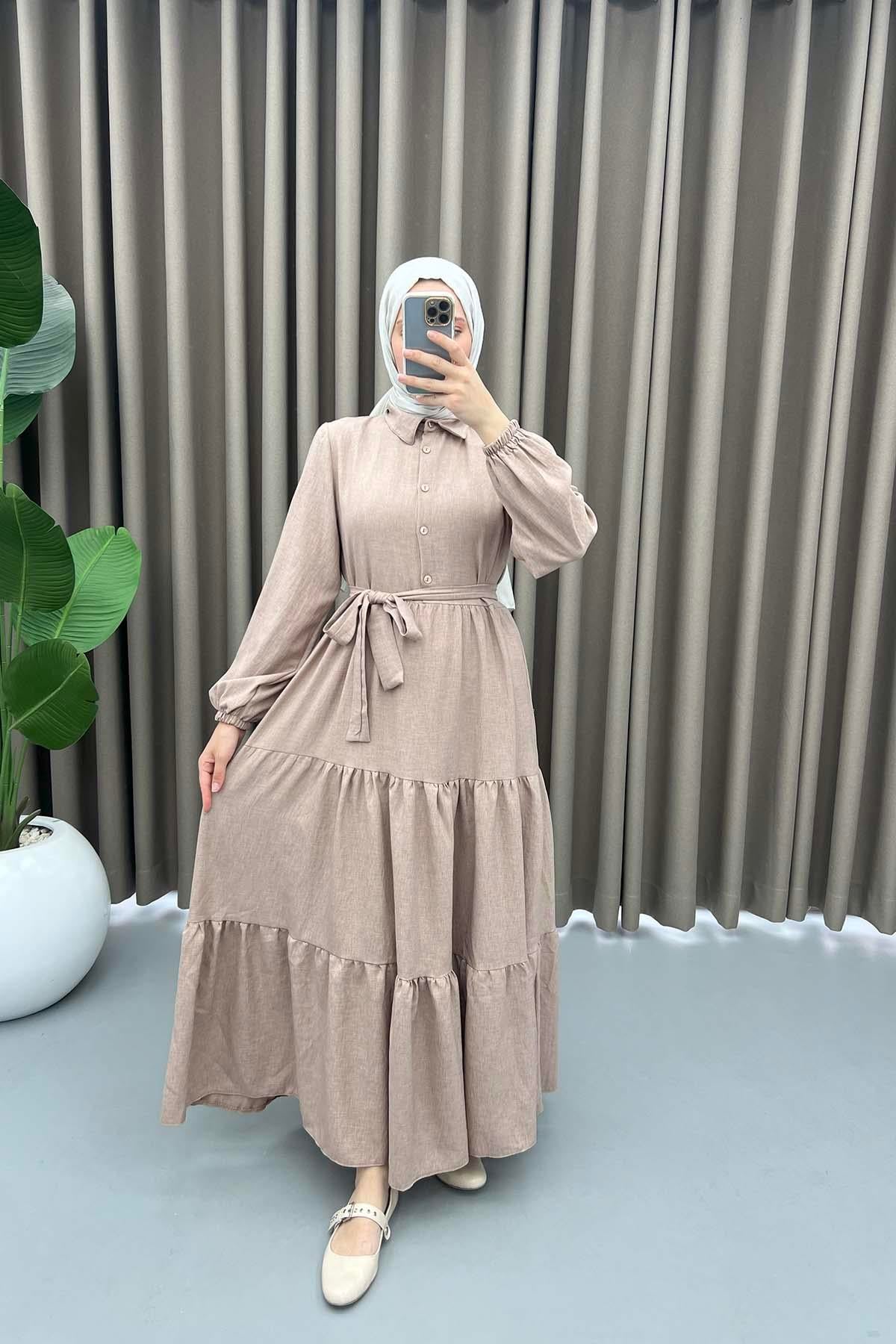 Yarım Düğmeli Bağlamalı Elbise Sütlü Kahve