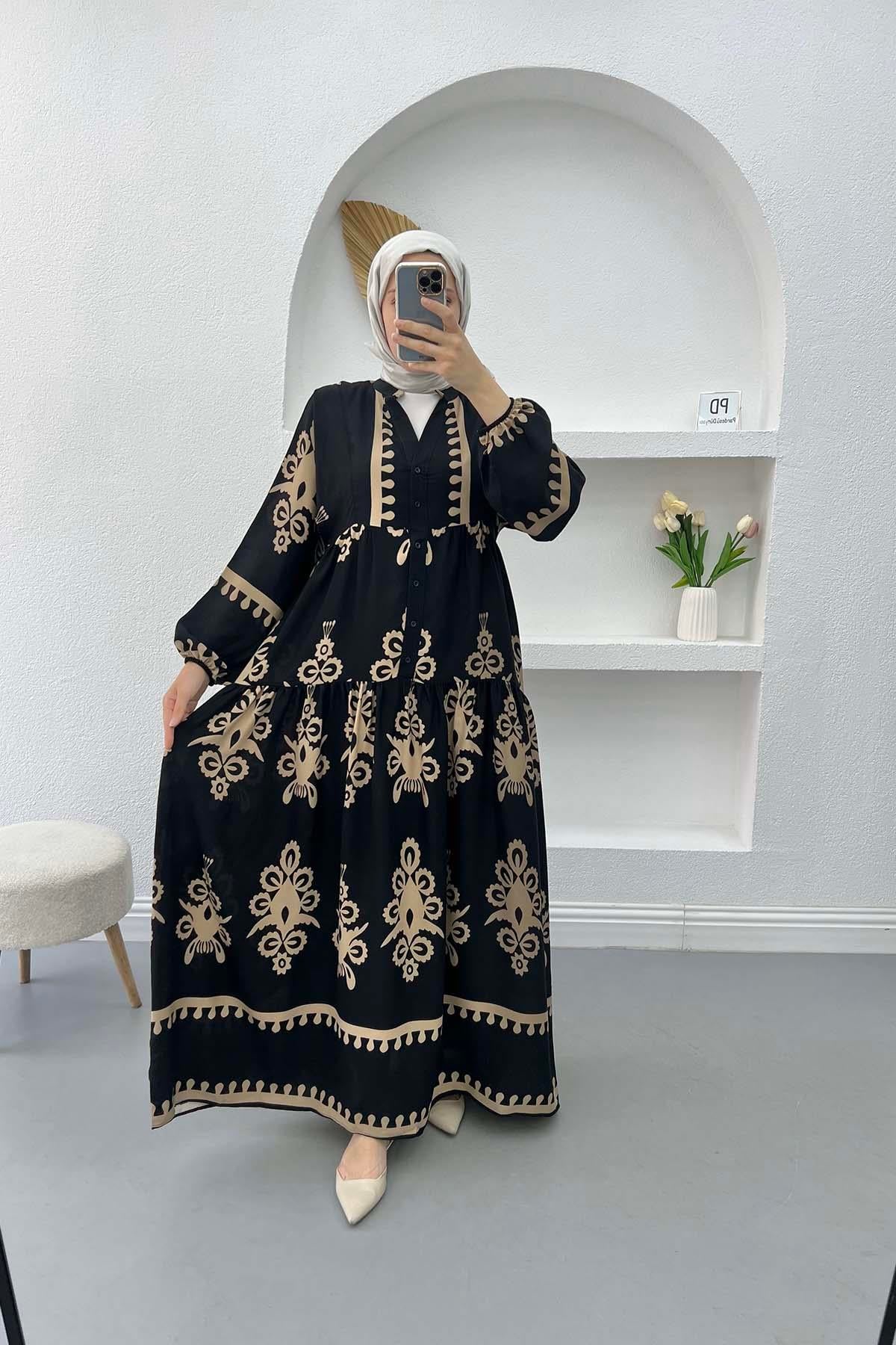 Yarım Düğmeli Desenli Elbise Camel