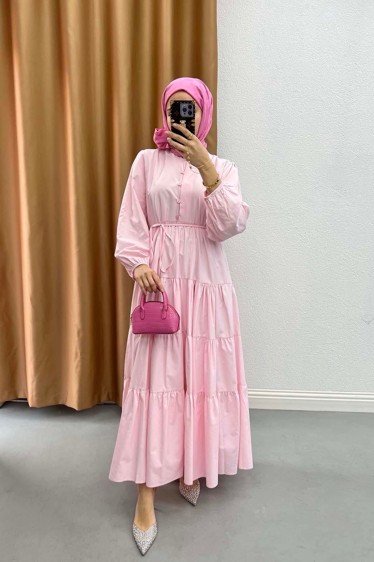 Yarım Düğmeli Elbise Pembe