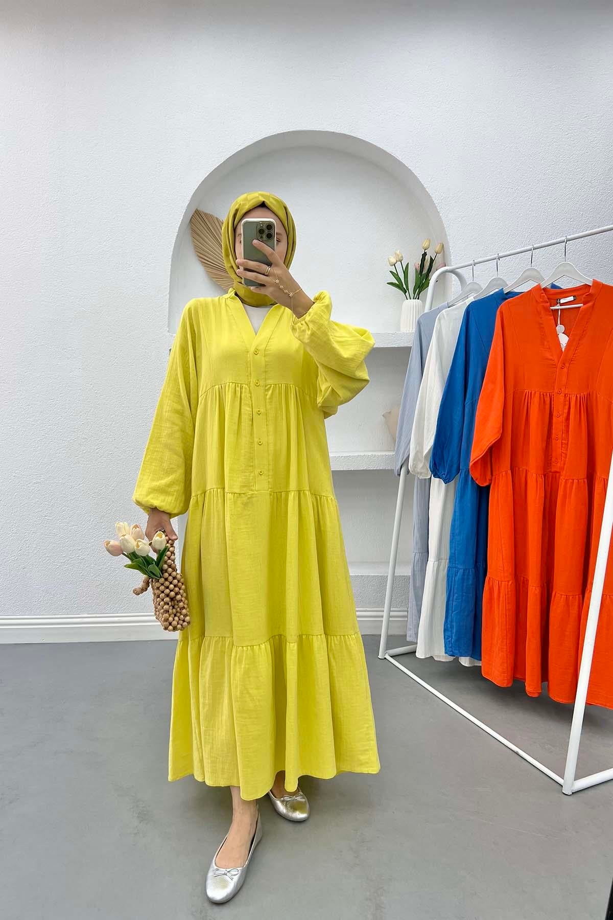 Yarım Düğmeli Keten Elbise Neon Sarı