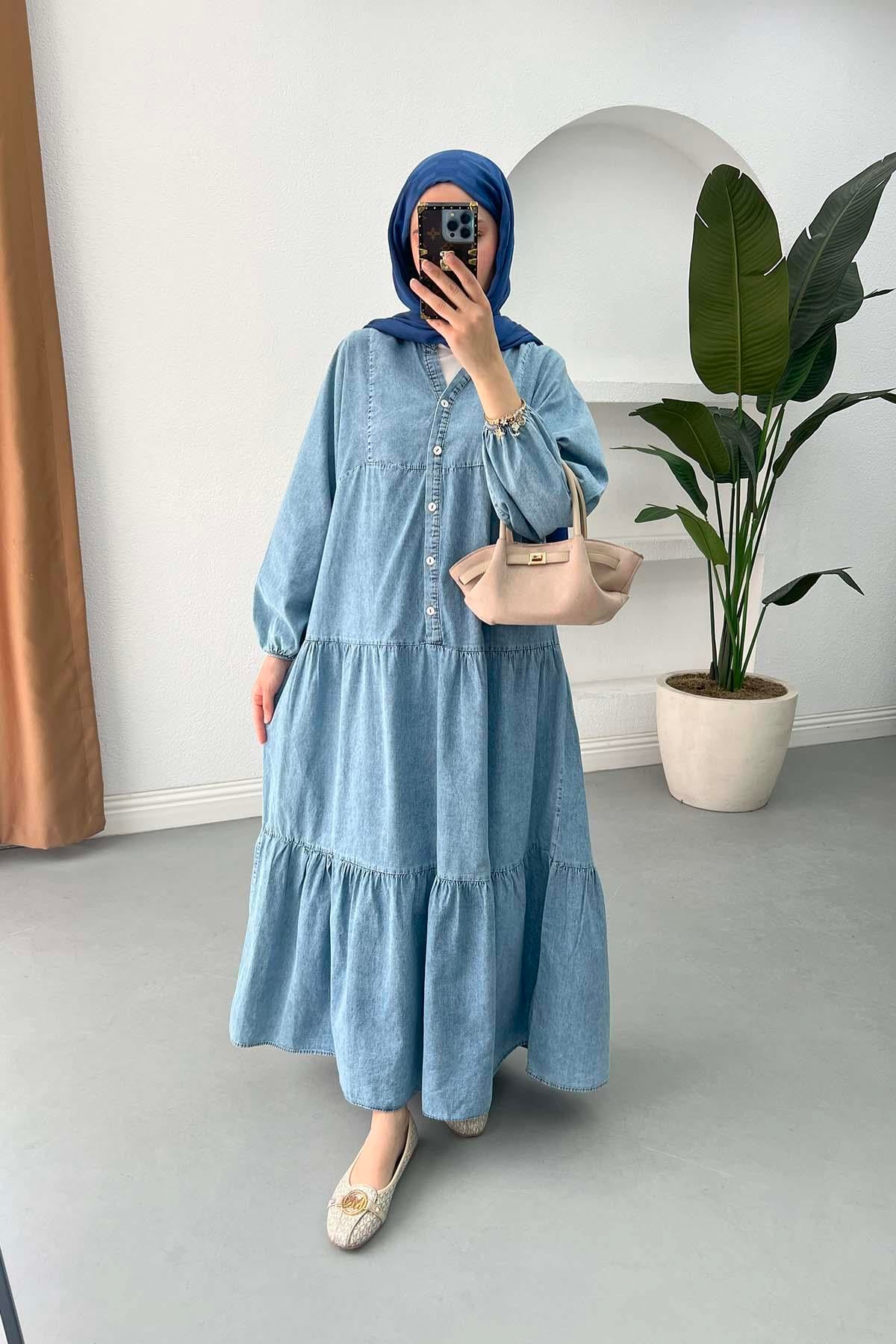 Yarım Düğmeli Kot Elbise Mavi