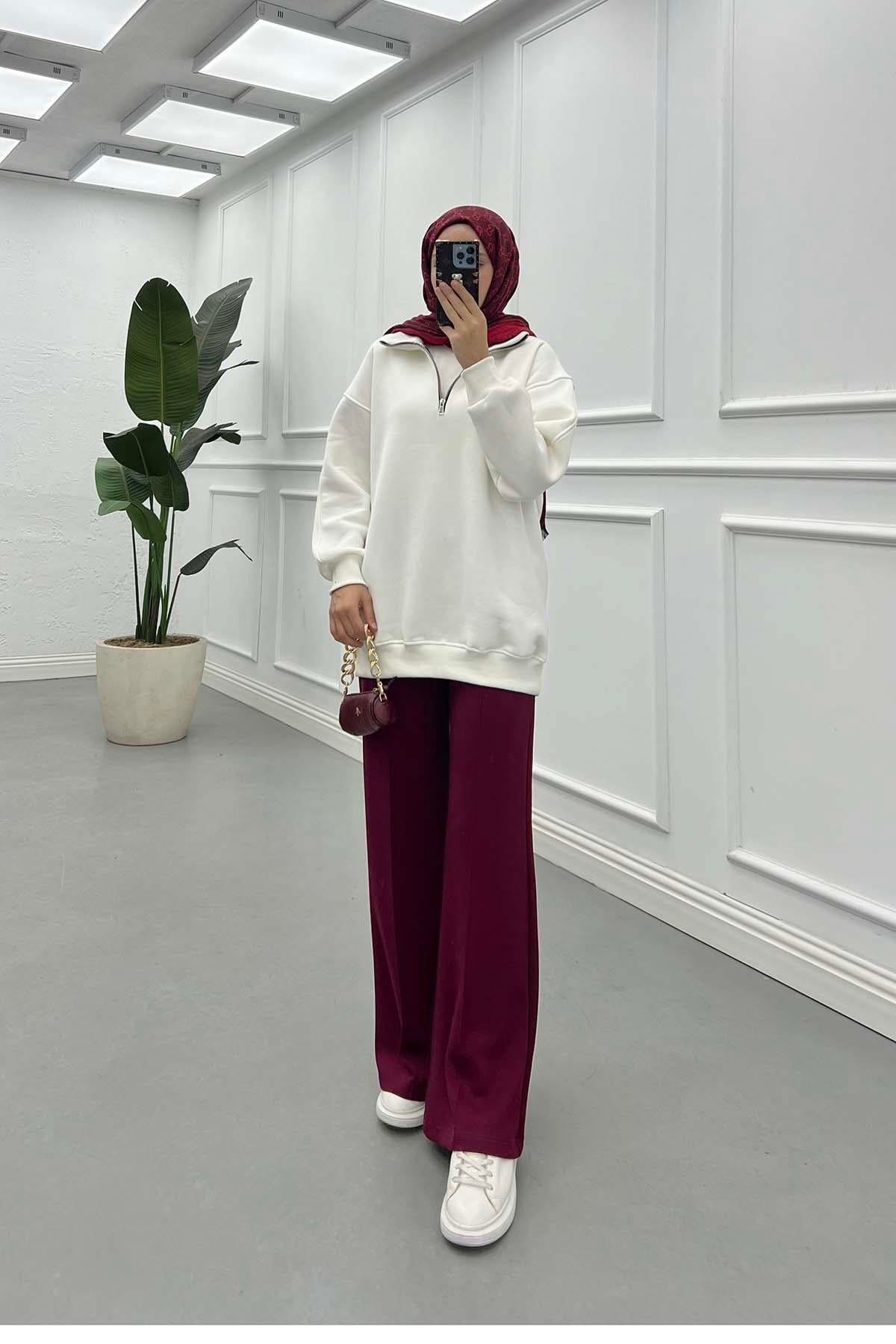Yarım Fermuar Üç İplik Sweatshirt Beyaz