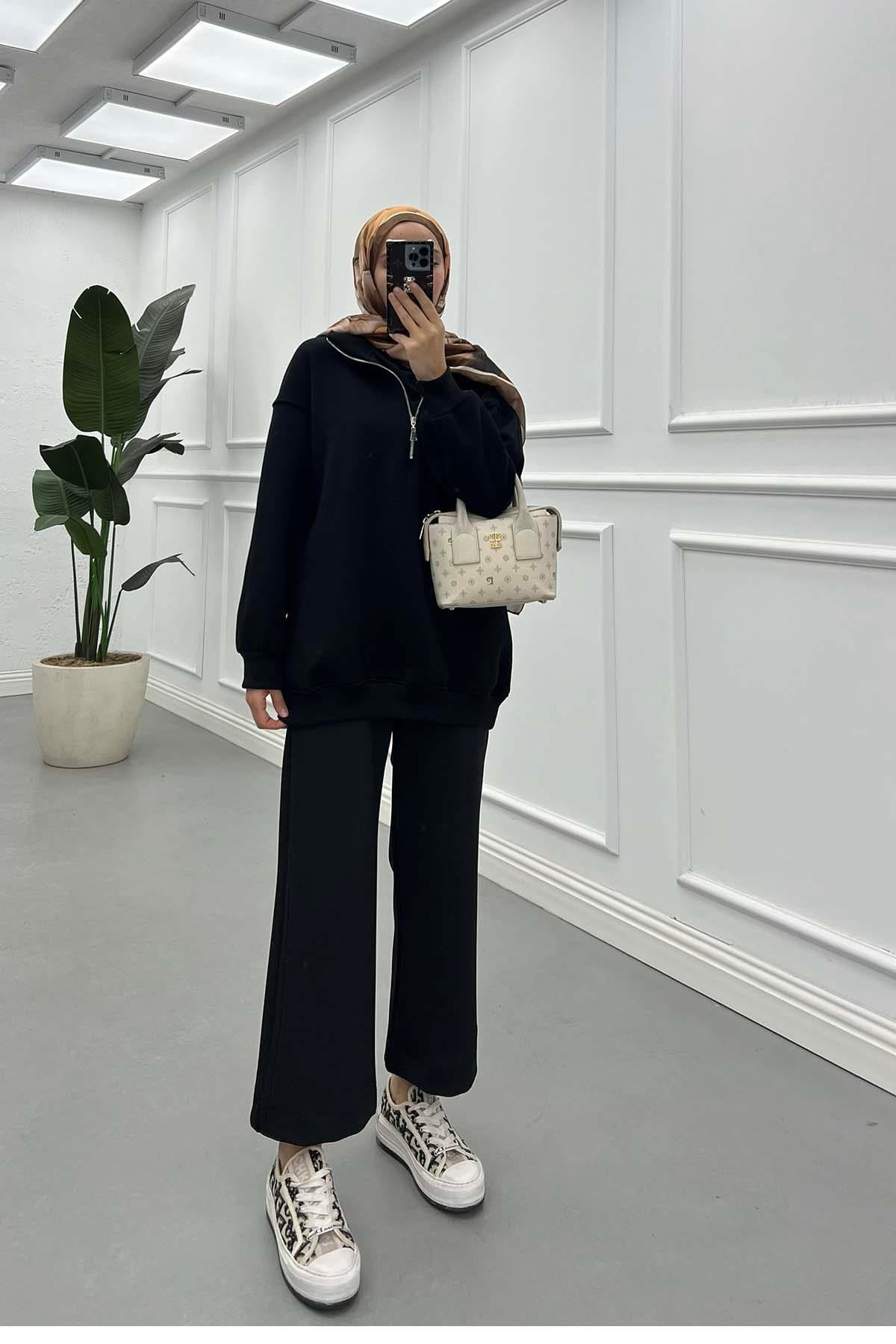 Yarım Fermuar Üç İplik Sweatshirt Siyah