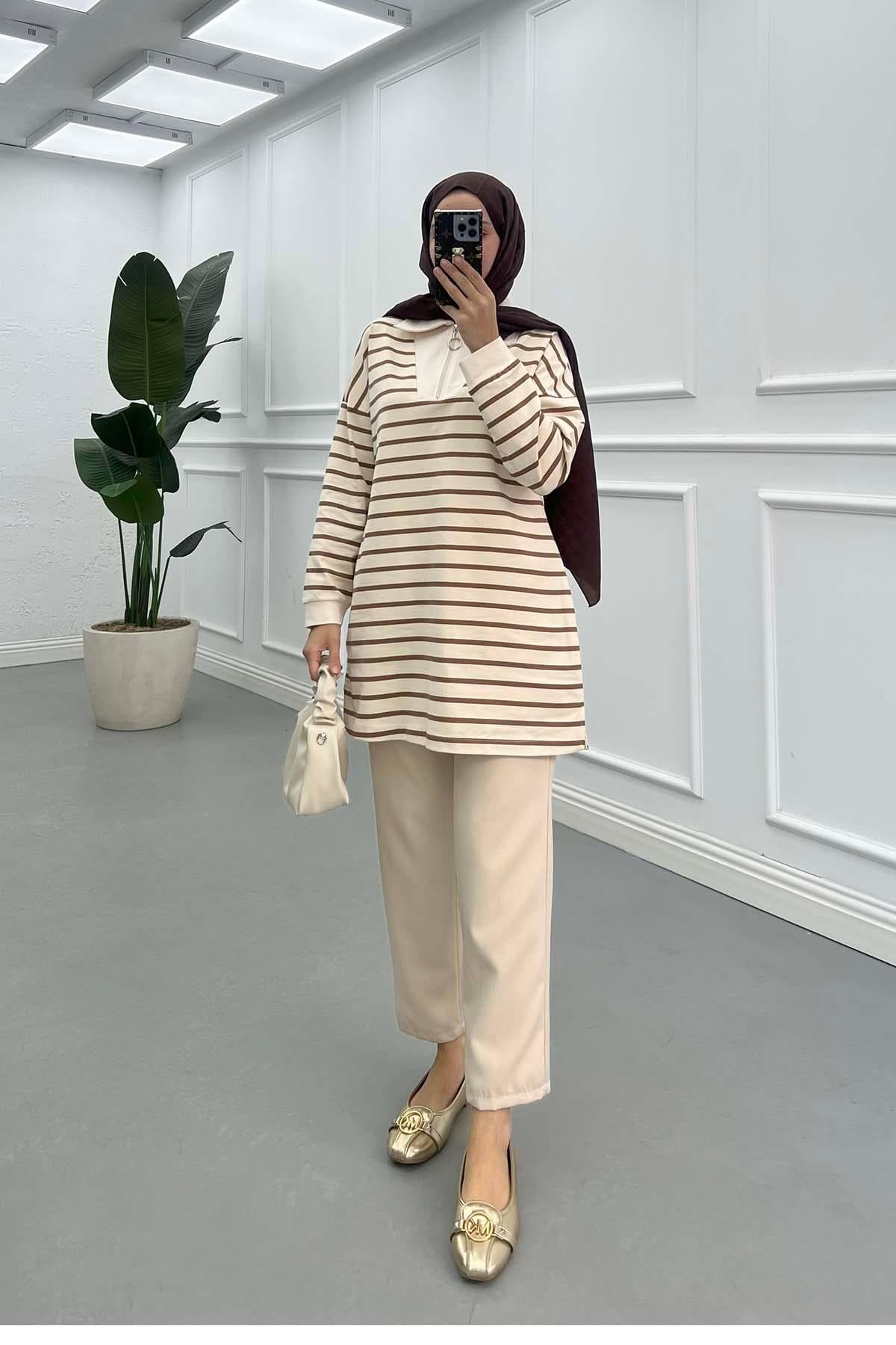 Yarım Fermuar Yakalı Sweatshirt Kahve