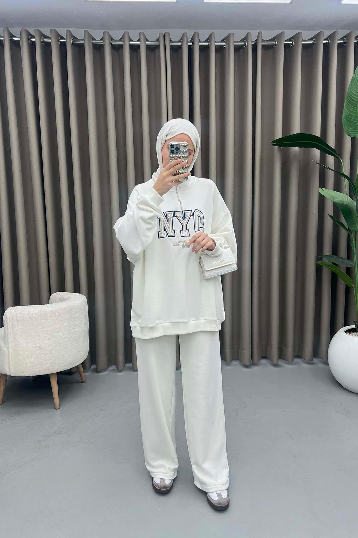 Yazılı Oversize Takım Beyaz