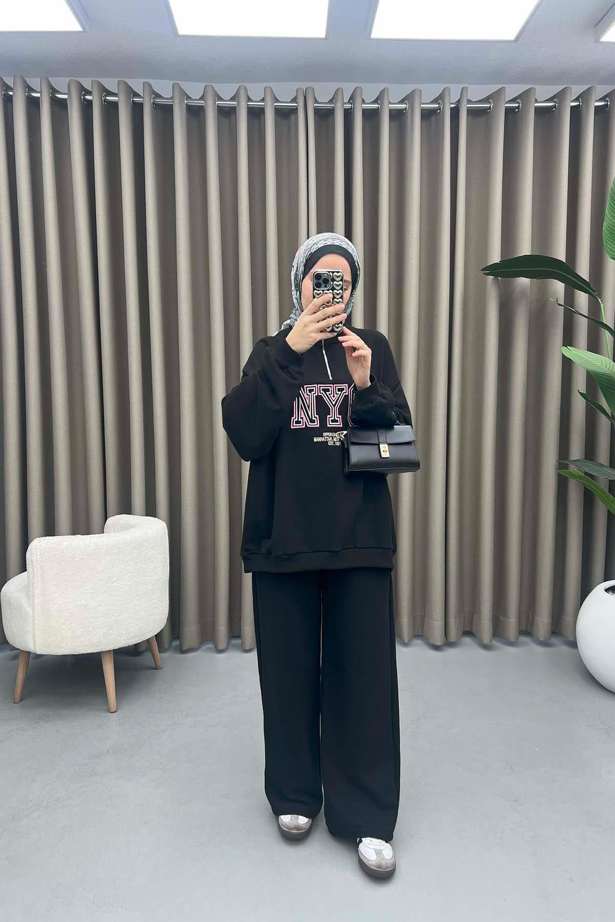 Yazılı Oversize Takım Siyah