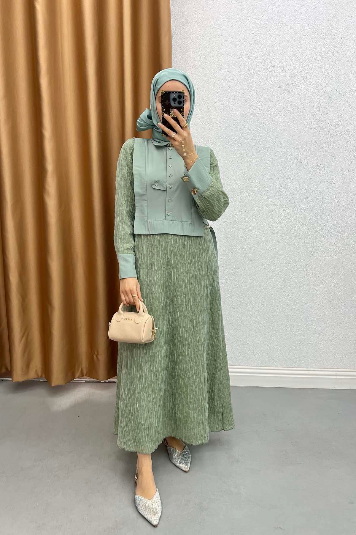 Yelek Detaylı Astarlı Elbise Soft Yeşil