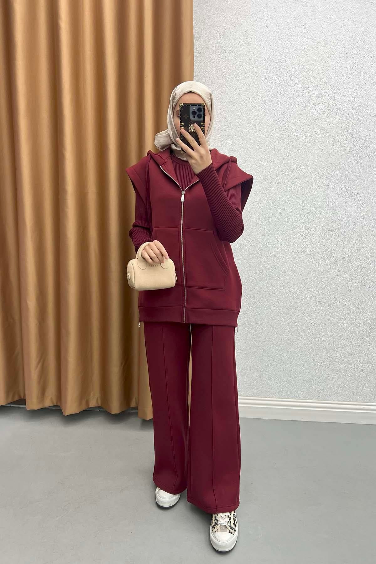 Yelekli Üç İplik Takım Bordo