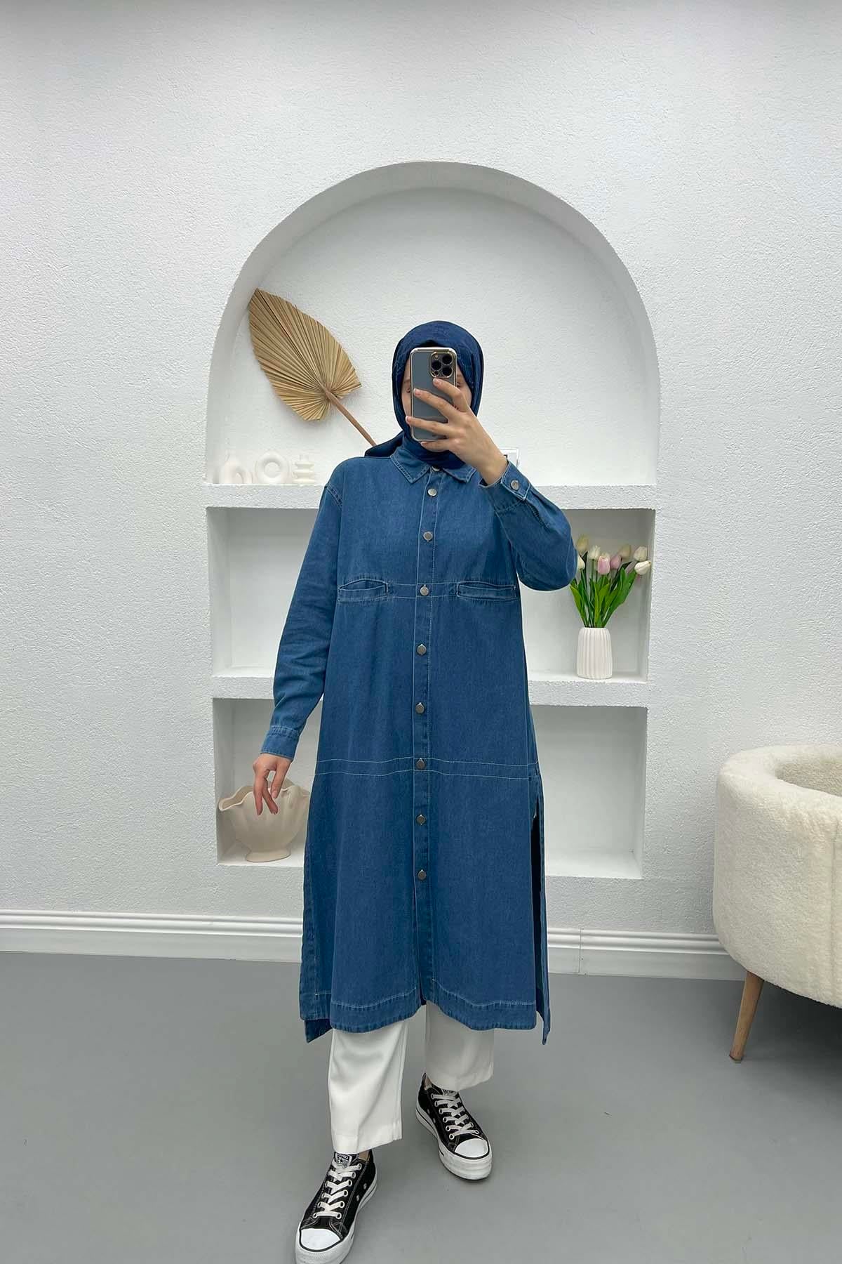 Yırtmaçlı Kot Tunik Açık Mavi
