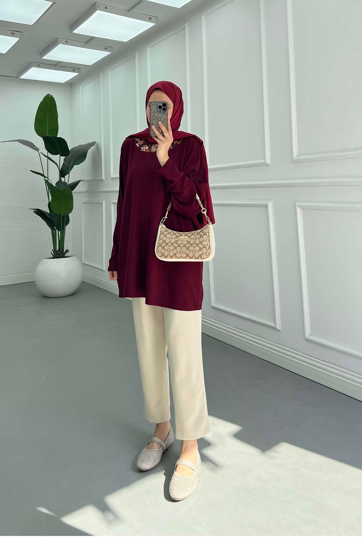 Zarif Nakışlı Günlük Sweatshirt Bordo