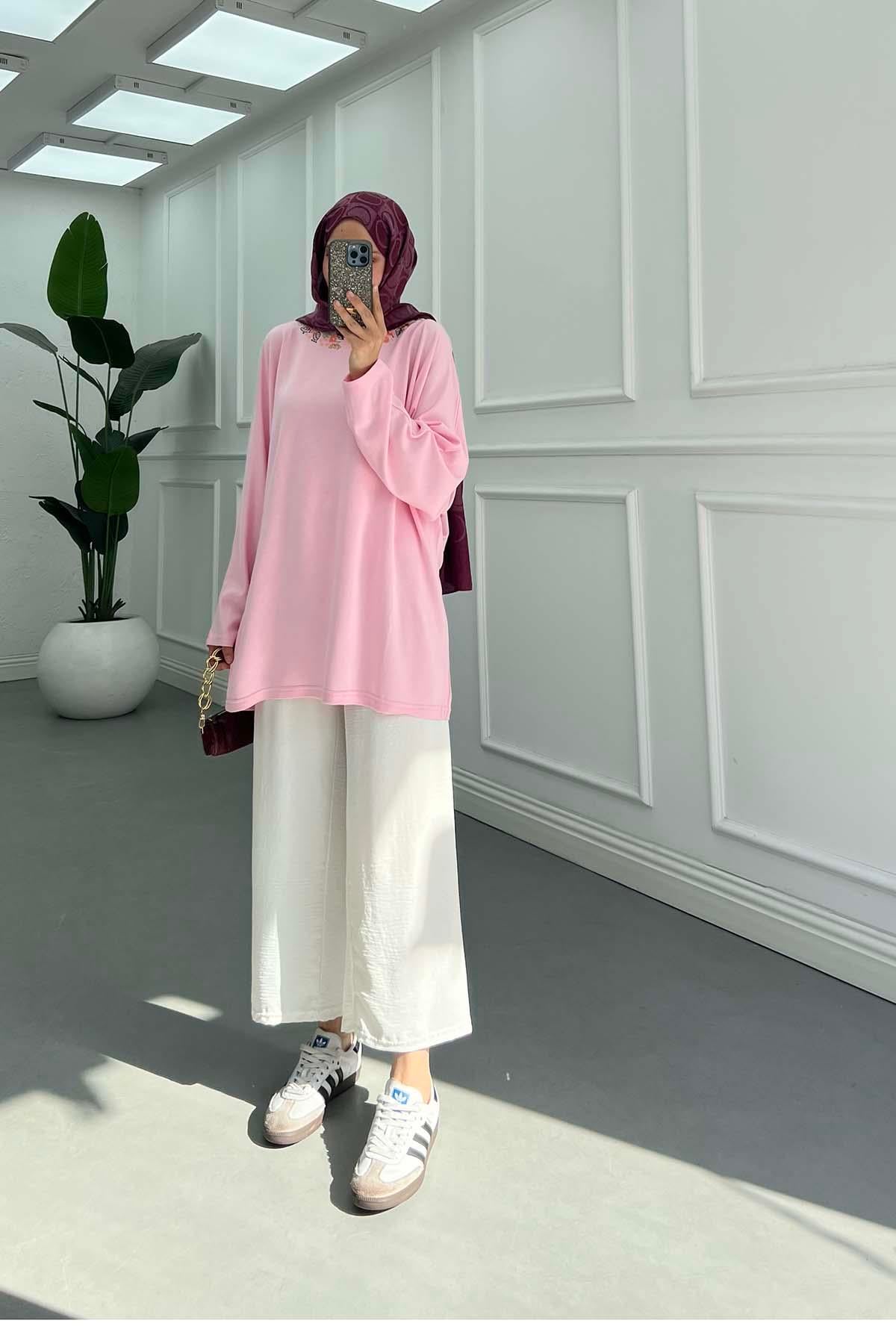 Zarif Nakışlı Günlük Sweatshirt Pembe