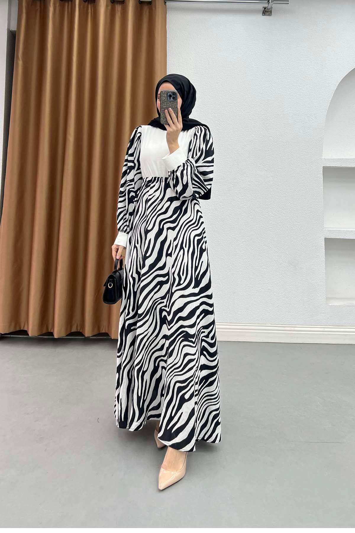 Zebra Desenli Elbise Siyah