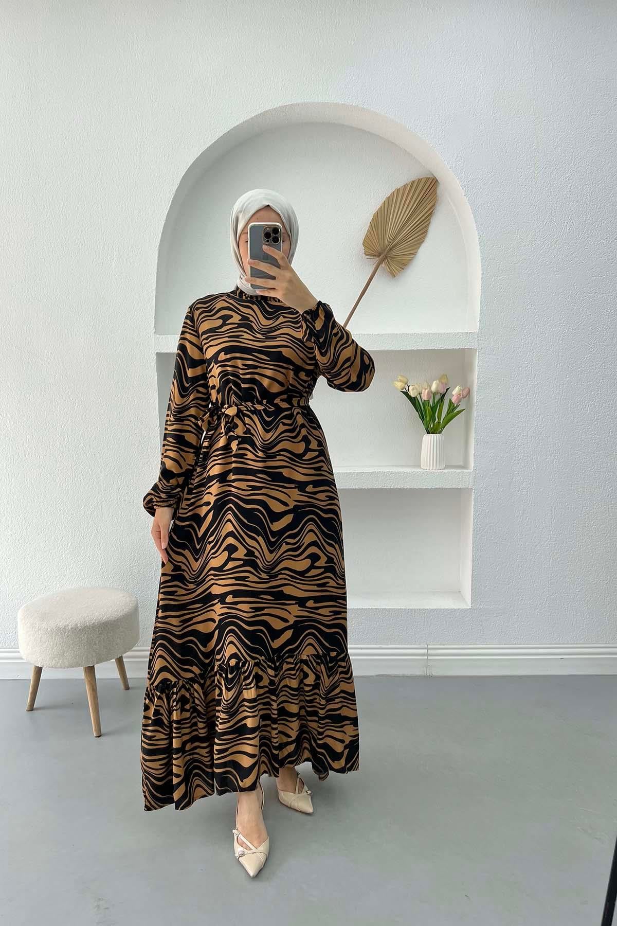 Zebra Desenli Elbise Siyah