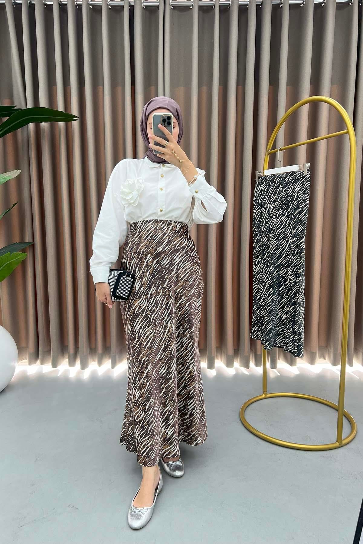 Zebra Desenli Parlak Etek Kahve