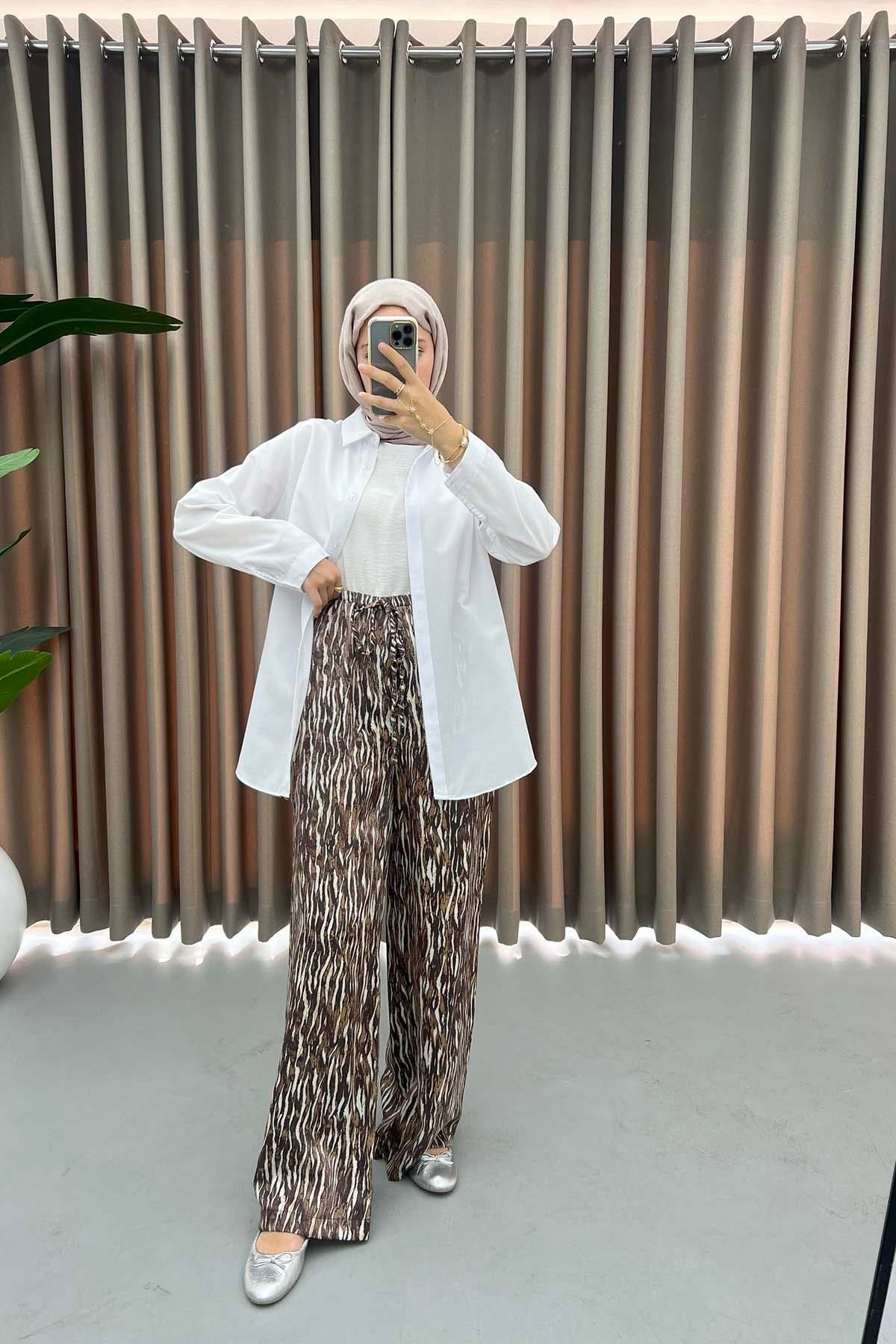 Zebra Desenli Parlak Pantolon Kahve