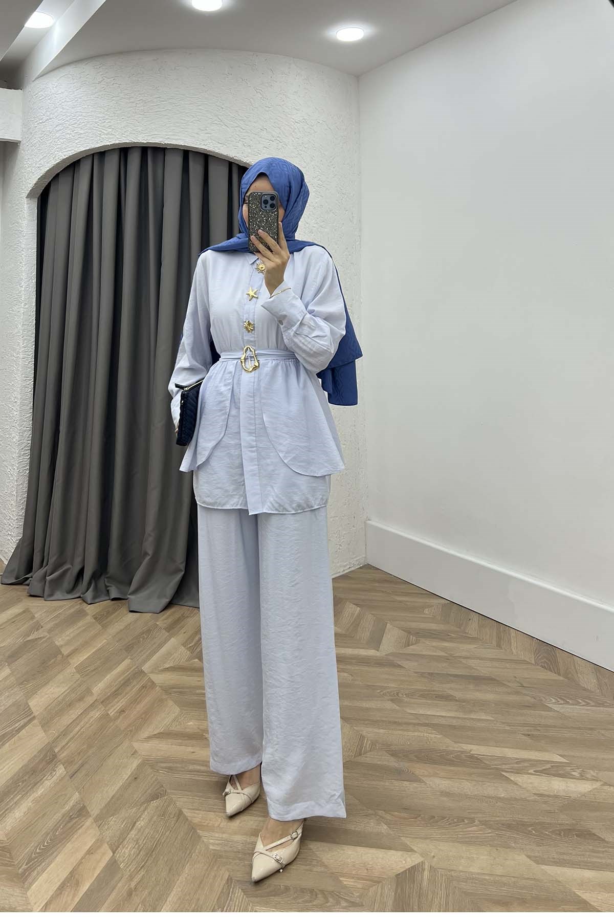 Zerafet Büzgülü Aura Düğme Detaylı Takım Bebe Mavi