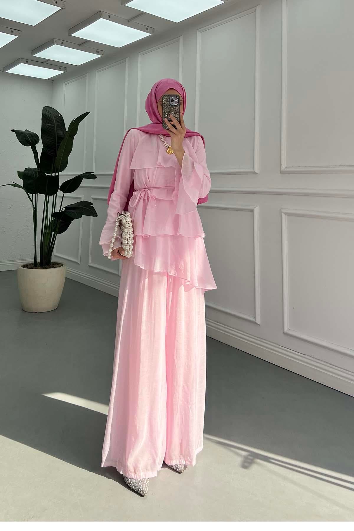 Zerafet Volanlı Luxury Şifon Takım Pembe