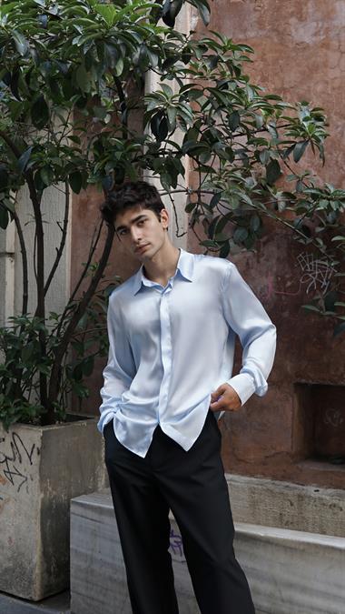 Bebe Mavisi İpek Saten Gömlek