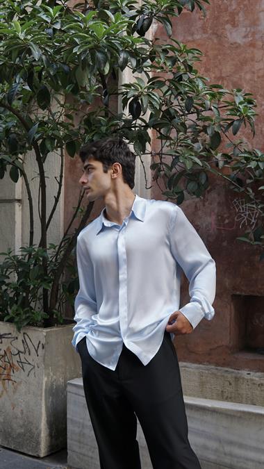 Bebe Mavisi İpek Saten Gömlek