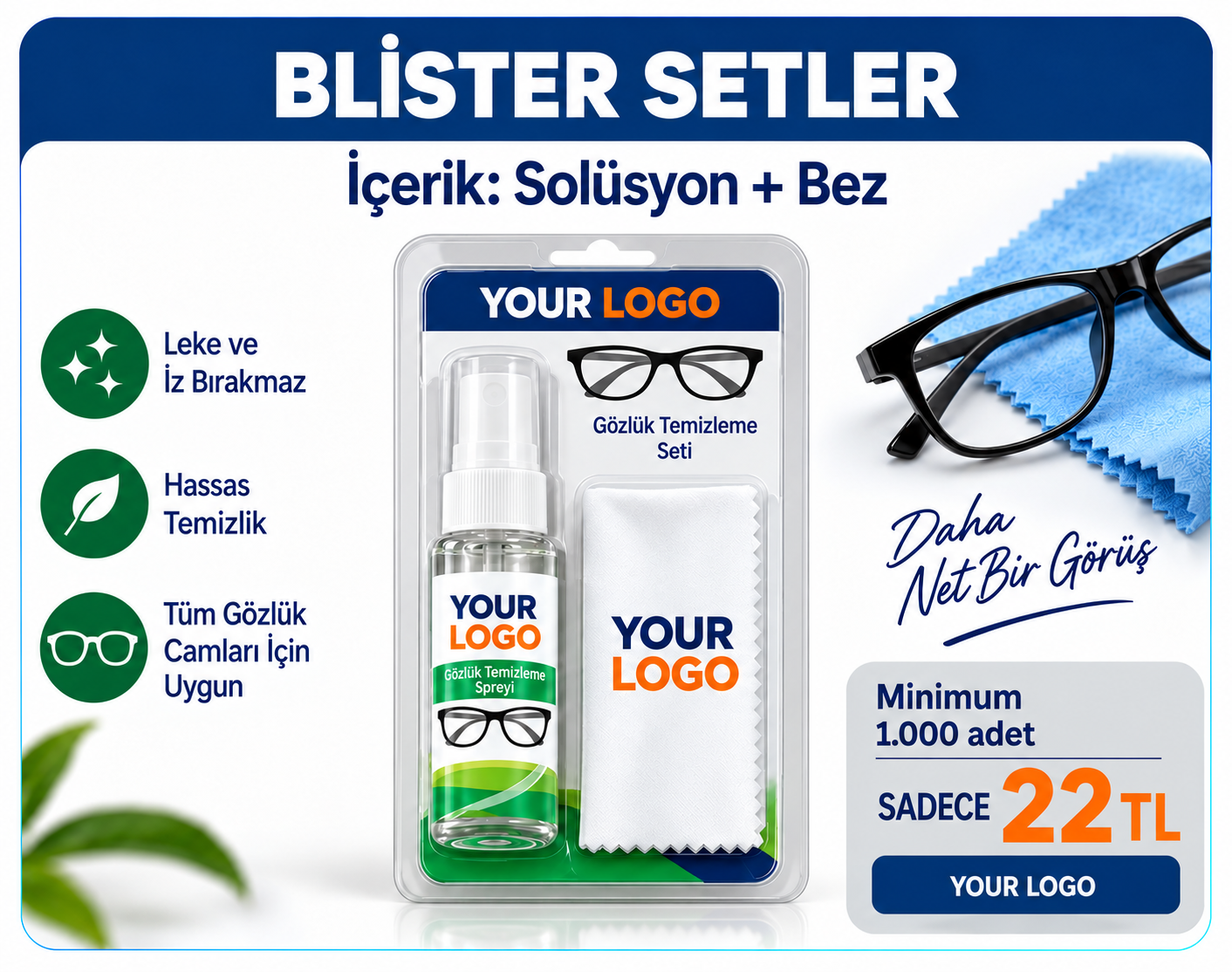 Blister Gözlük Temizleme Seti - 30 ML Solüsyon + Mikrofiber Gözlük Temizleme Bezi