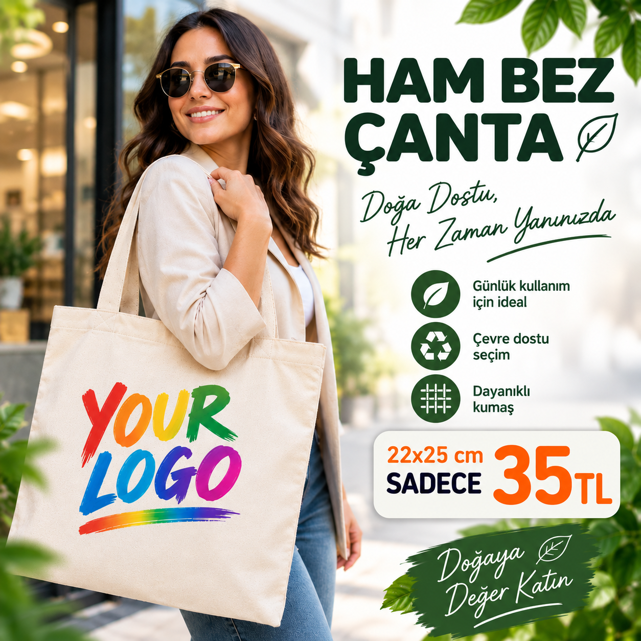 Doğa Dostu Düz Ham Bez Çanta 22x25 cm - Logonuza ve Markanıza Özel Baskılı