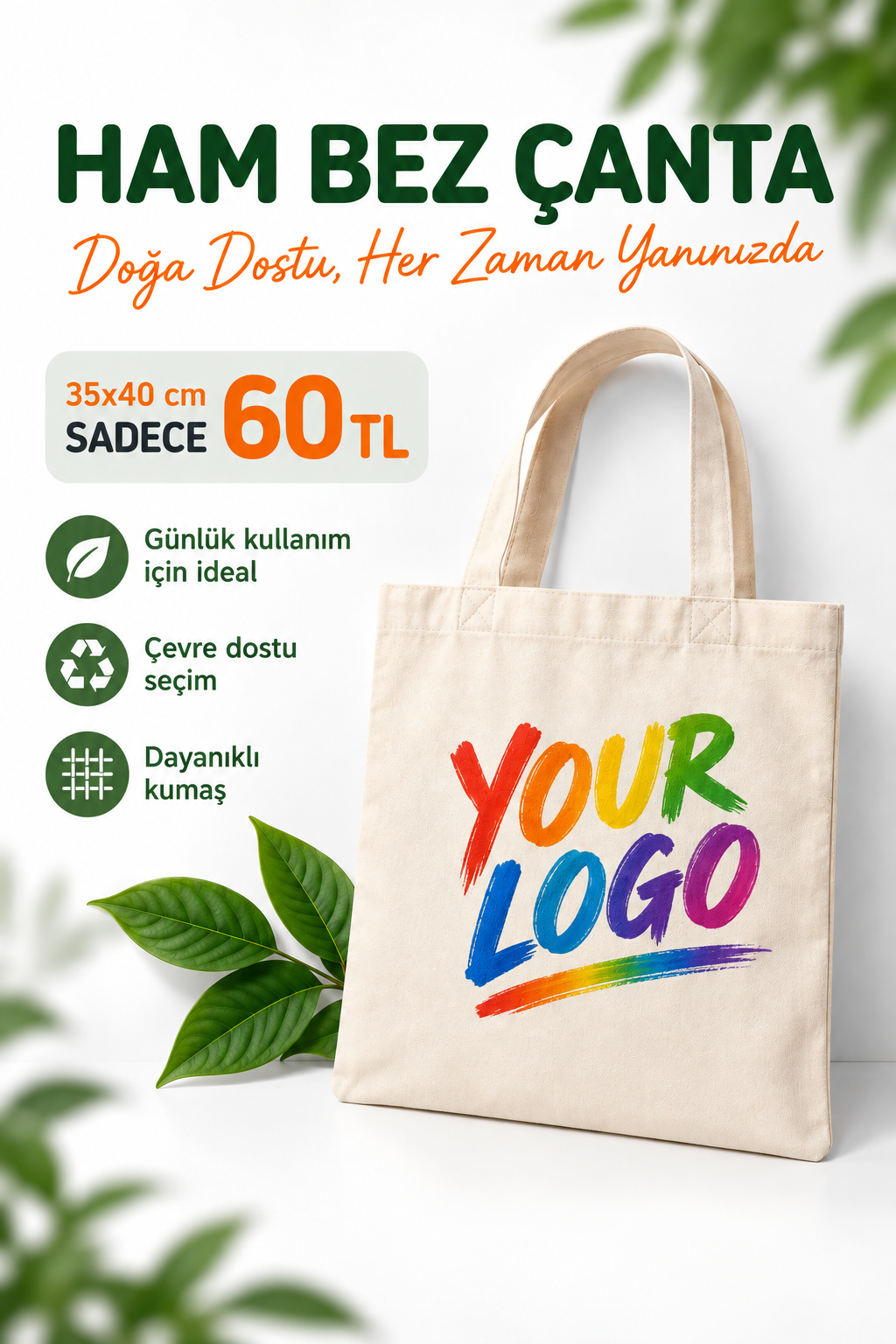 Doğa Dostu Düz Ham Bez Çanta 35X40 cm - Logonuza ve Markanıza Özel Baskılı