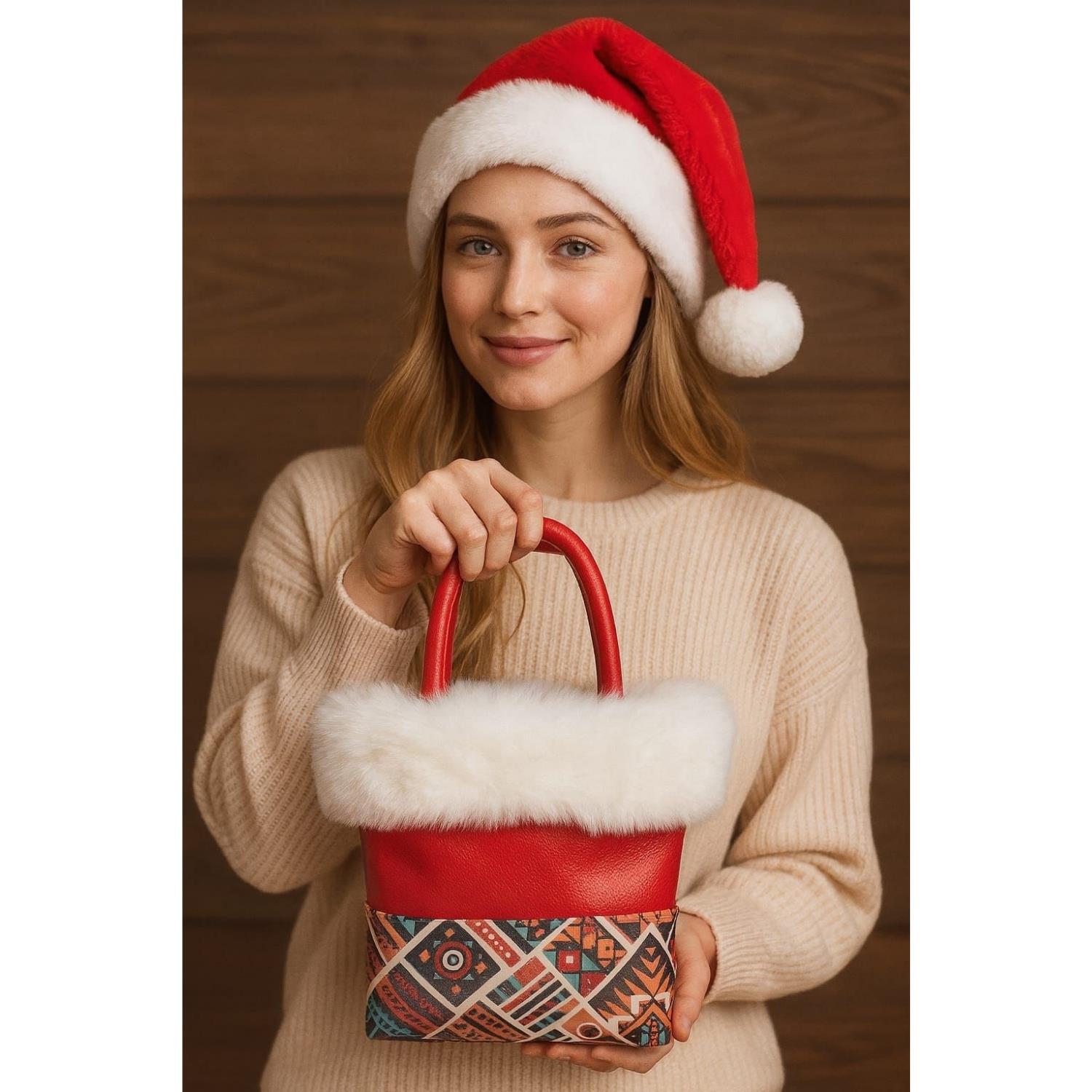 Kürklü Kırmızı Yılbaşı Çantası - Markanıza ve Logonuza Özel Tasarım