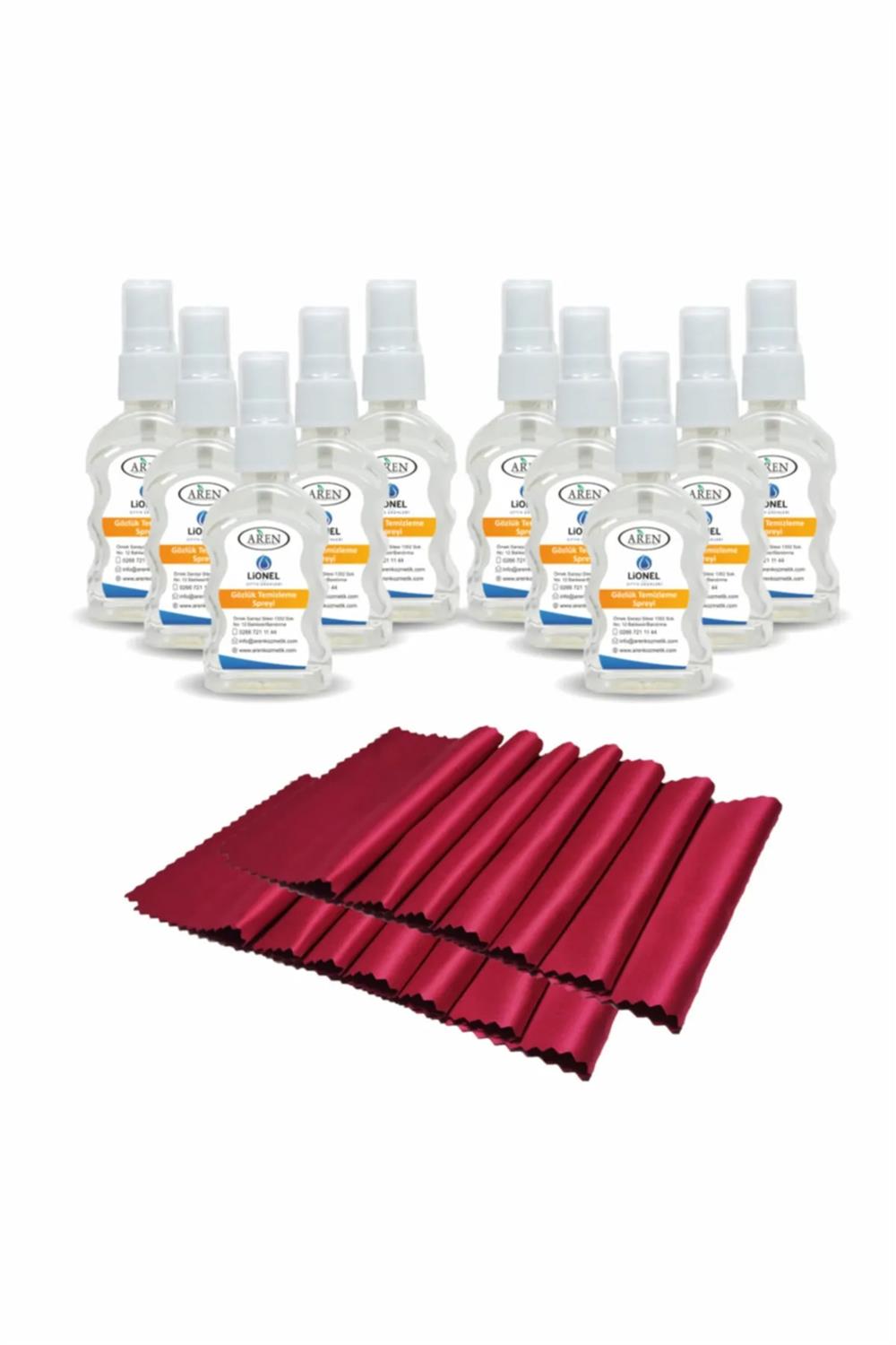 Lionel Gözlük Temizleme Solüsyonu 10 Adet + 10 Adet Microfiber Bez  - Bordo