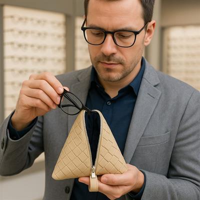 Üçgen Fermuarlı Bej ve Siyah Gözlük Çantası - Markanıza ve Logonuza Özel Tasarım