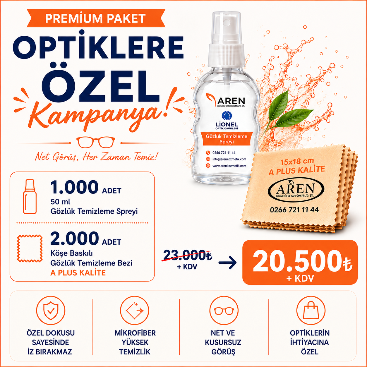 1000 ADET GÖZLÜK TEMİZLEME SPREYİ 2000 ADET BASKILI GÖZLÜK TEMİZLEME BEZİ