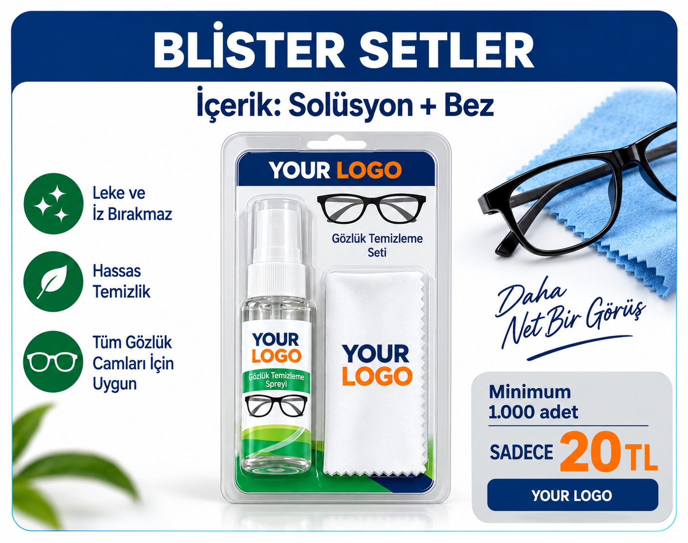 Blister Gözlük Temizleme Seti - 30 ML Solüsyon + Mikrofiber Gözlük Temizleme Bezi
