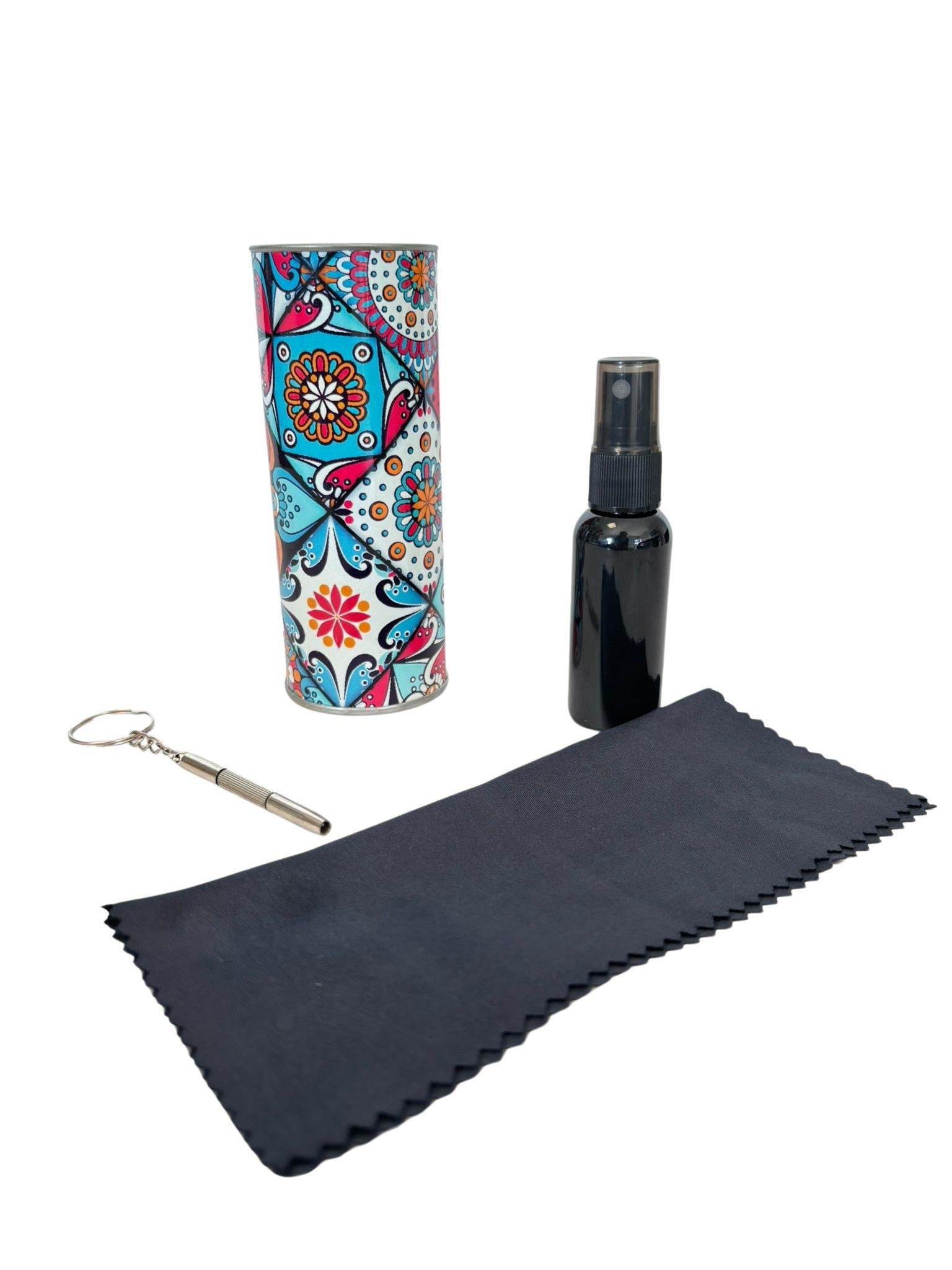 ETHNIC DESIGN PREMIUM SİLİNDİR GÖZLÜK BAKIM VE TEMİZLEME SETİ - GÖZLÜK TEMİZLEME SPREYİ, GÖZLÜK TEMİZLEME BEZİ ve GÖZLÜK BAKIM ALETİ TORNAVİDA ANAHTARLIK