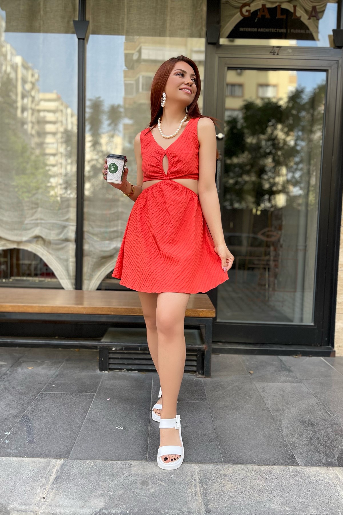  Nar Çiçeği Bel Dekolteli Mini Elbise