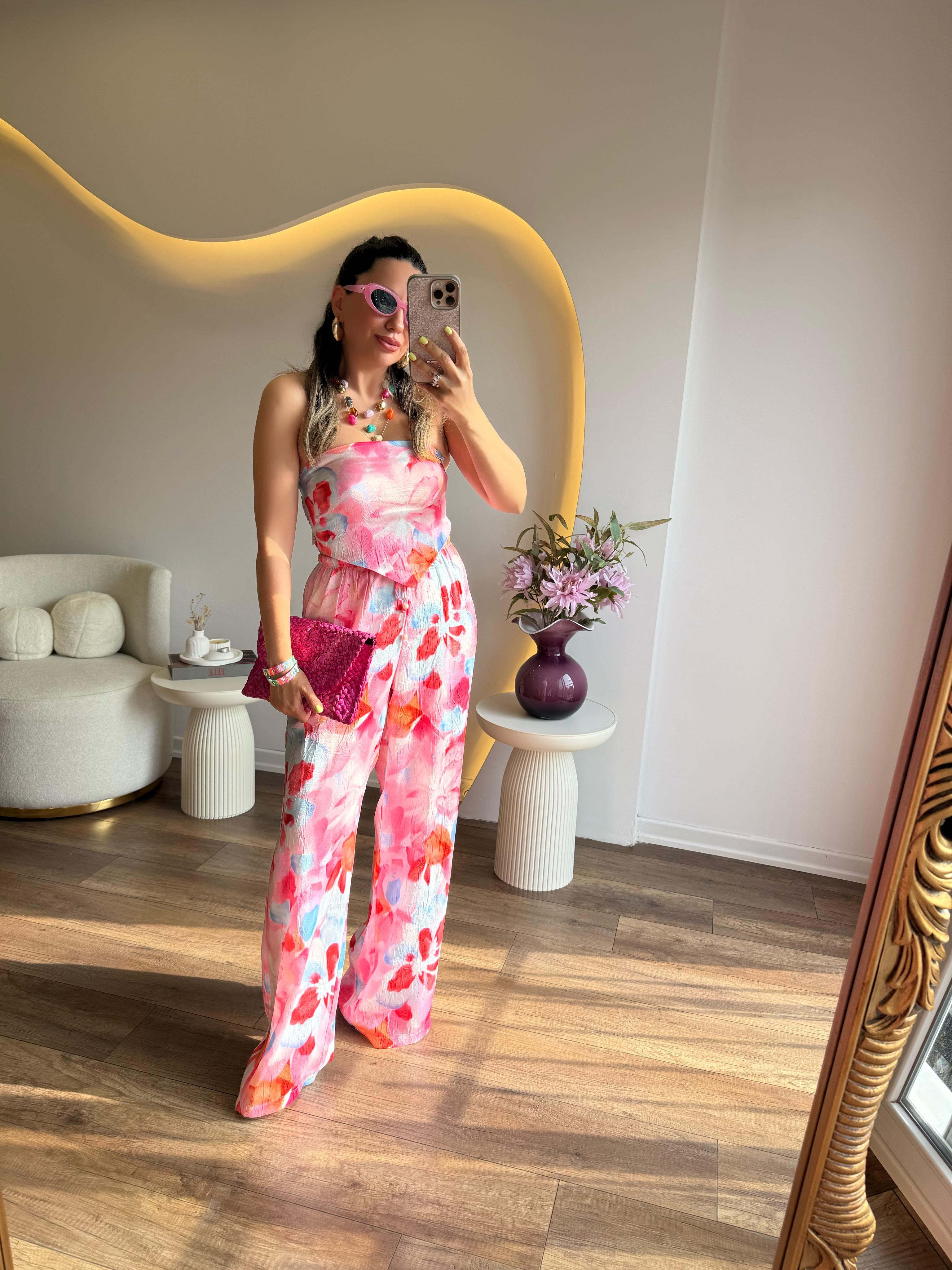 10227 Pembe Renkli Desenli Bluz Pantolon Takım