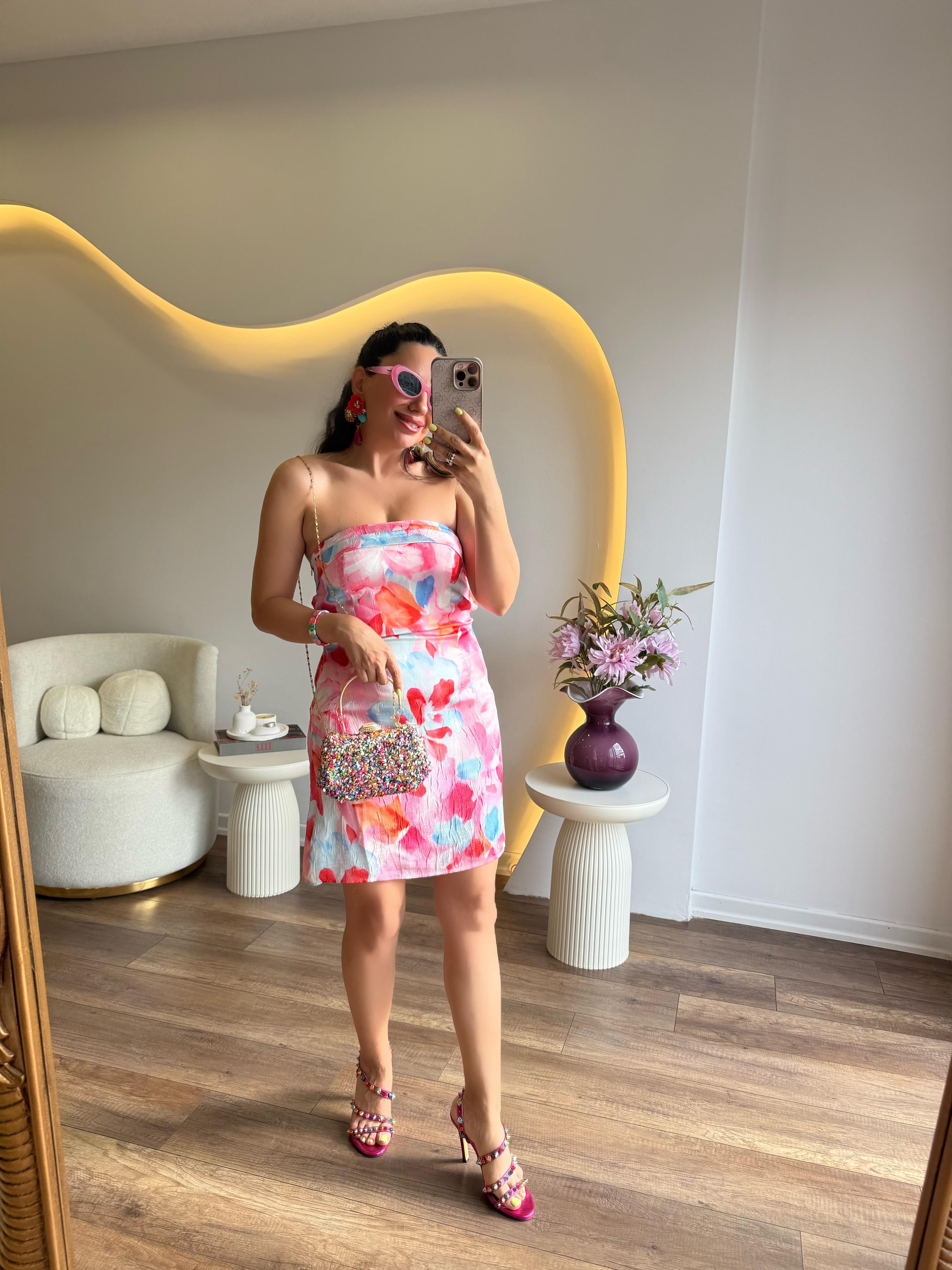 10228 Pembe Renkli Desenli Saten Mini Elbise