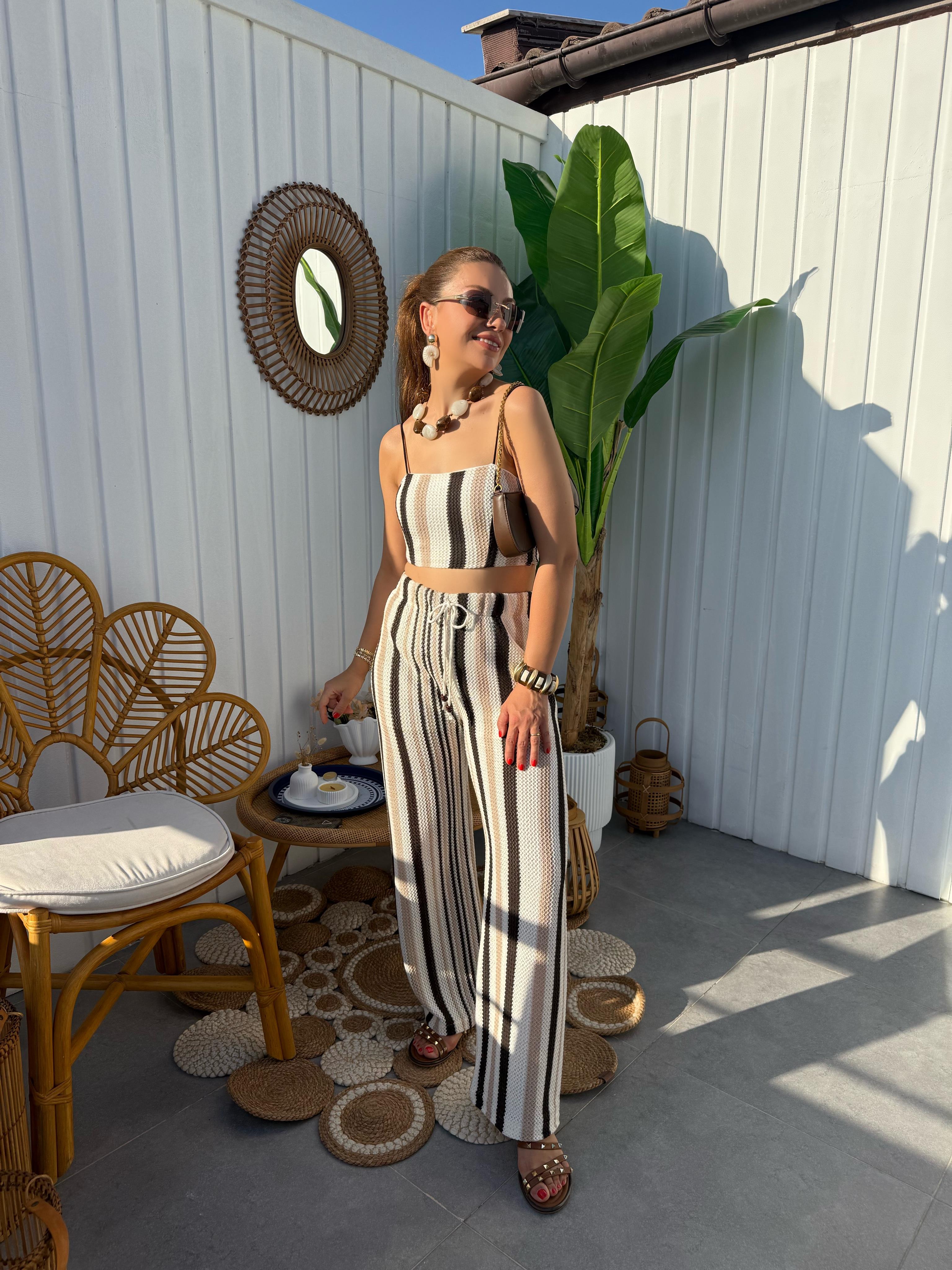 10361 Kahve Bej Çizgili Pantolon Bluz Takım