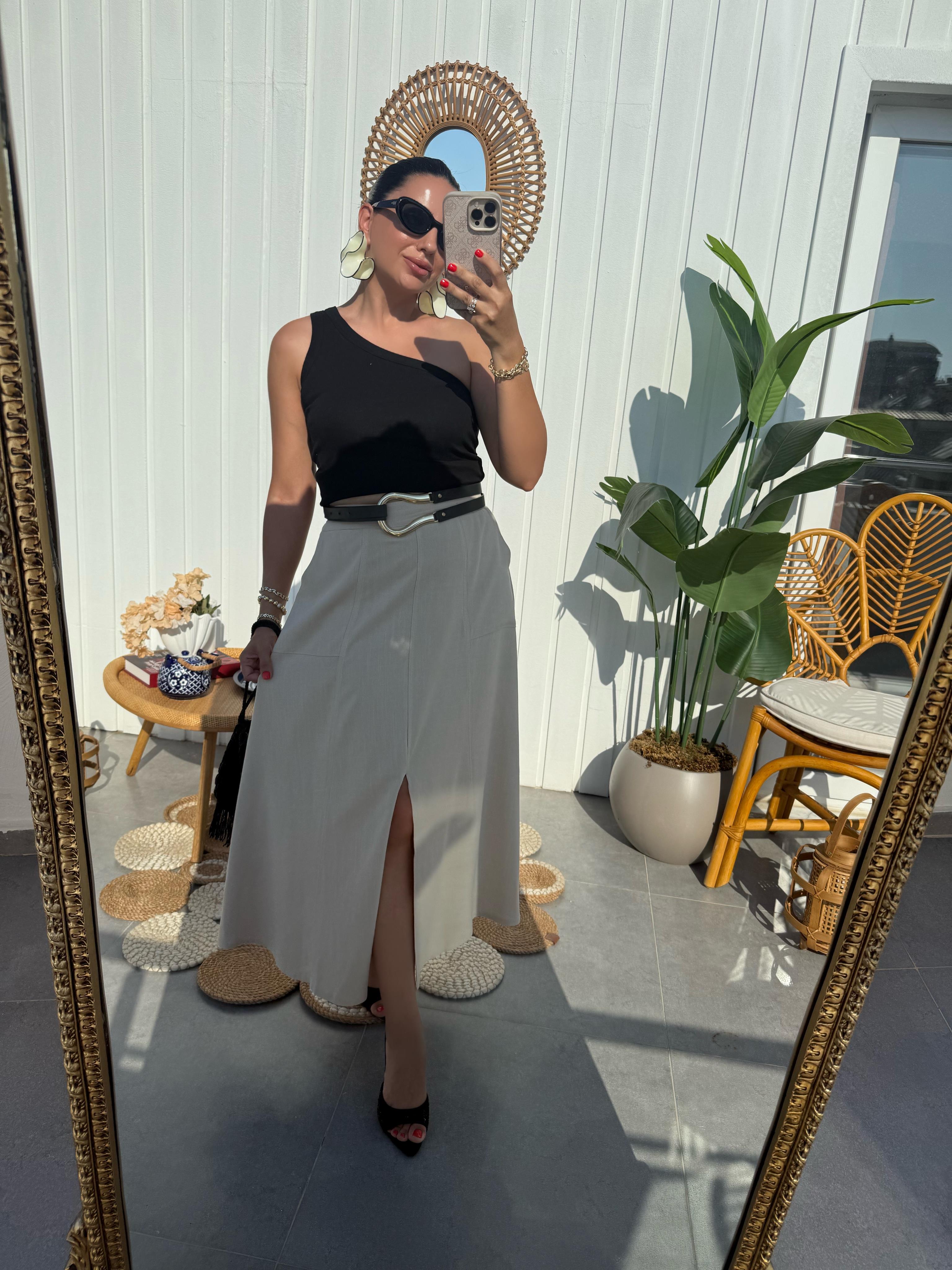 10393 Beli Lastikli Midi Boy Etek