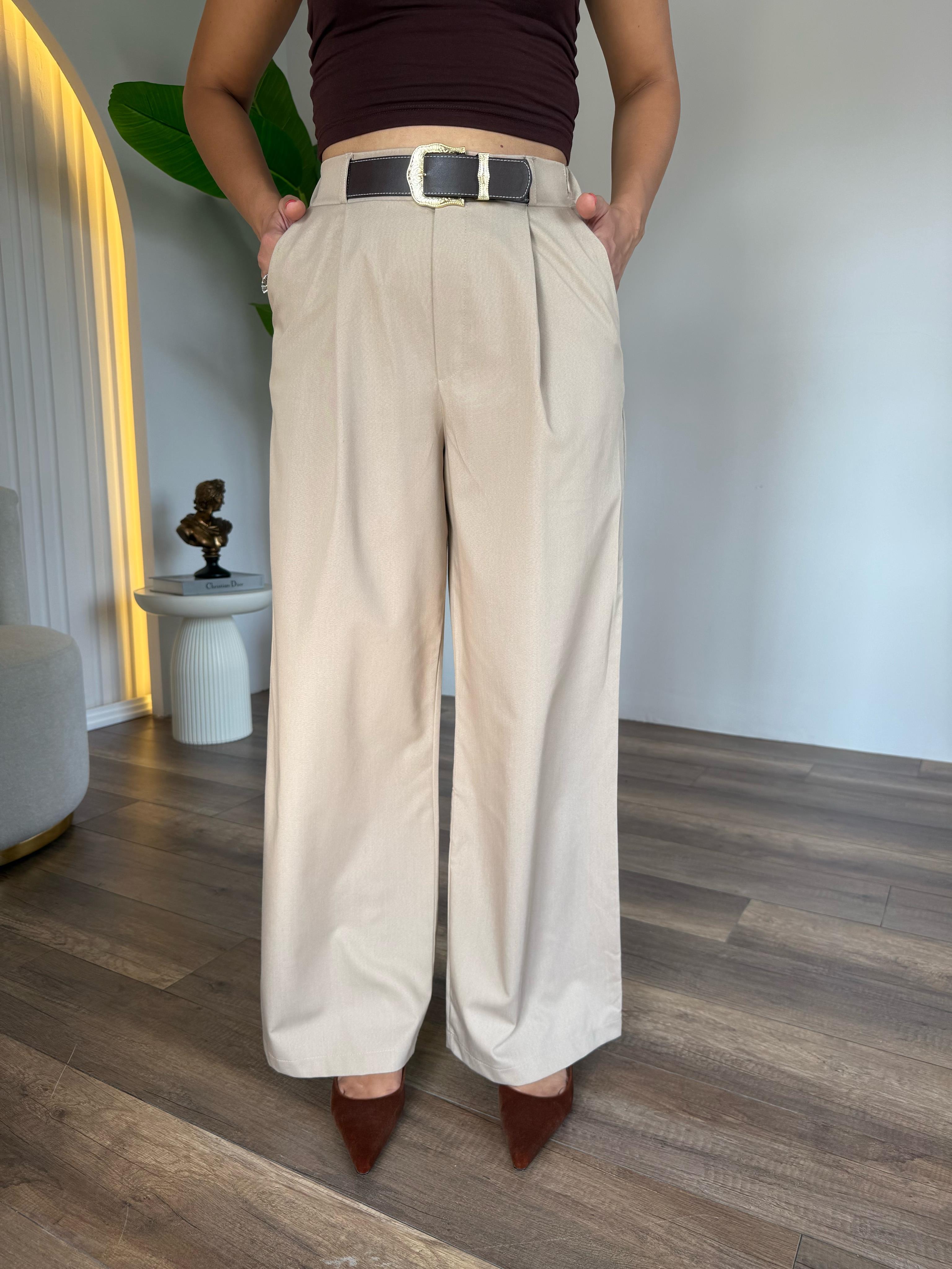 10524 Kendinden Kemerli Bej Pantolon